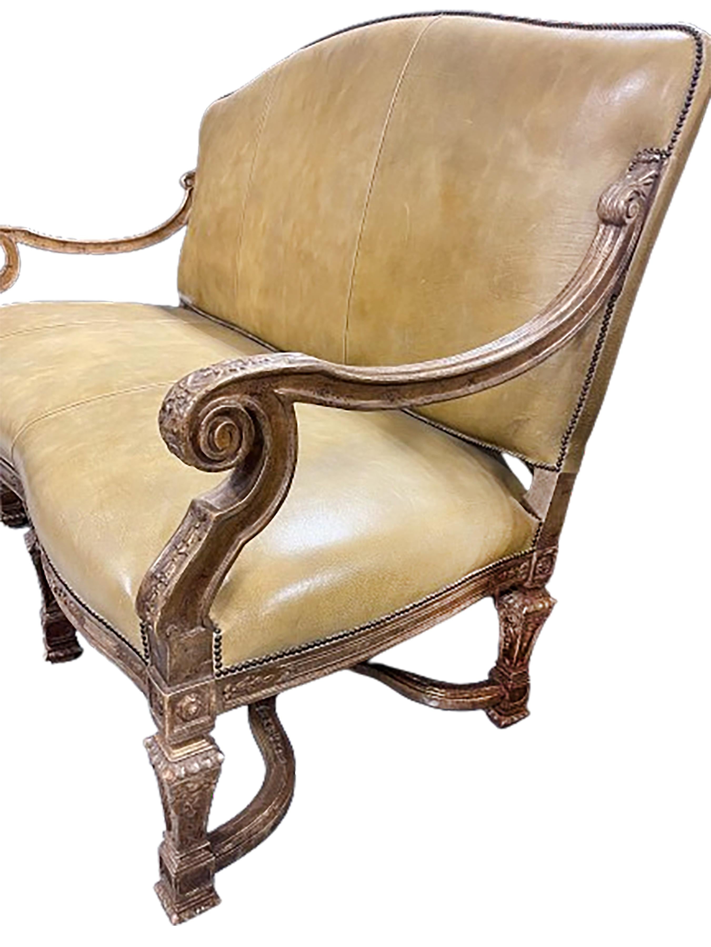 Louis XV Upholstered Settee Loveseat, Yellow Patinated Leather In Good Condition For Sale In Dallas, TX