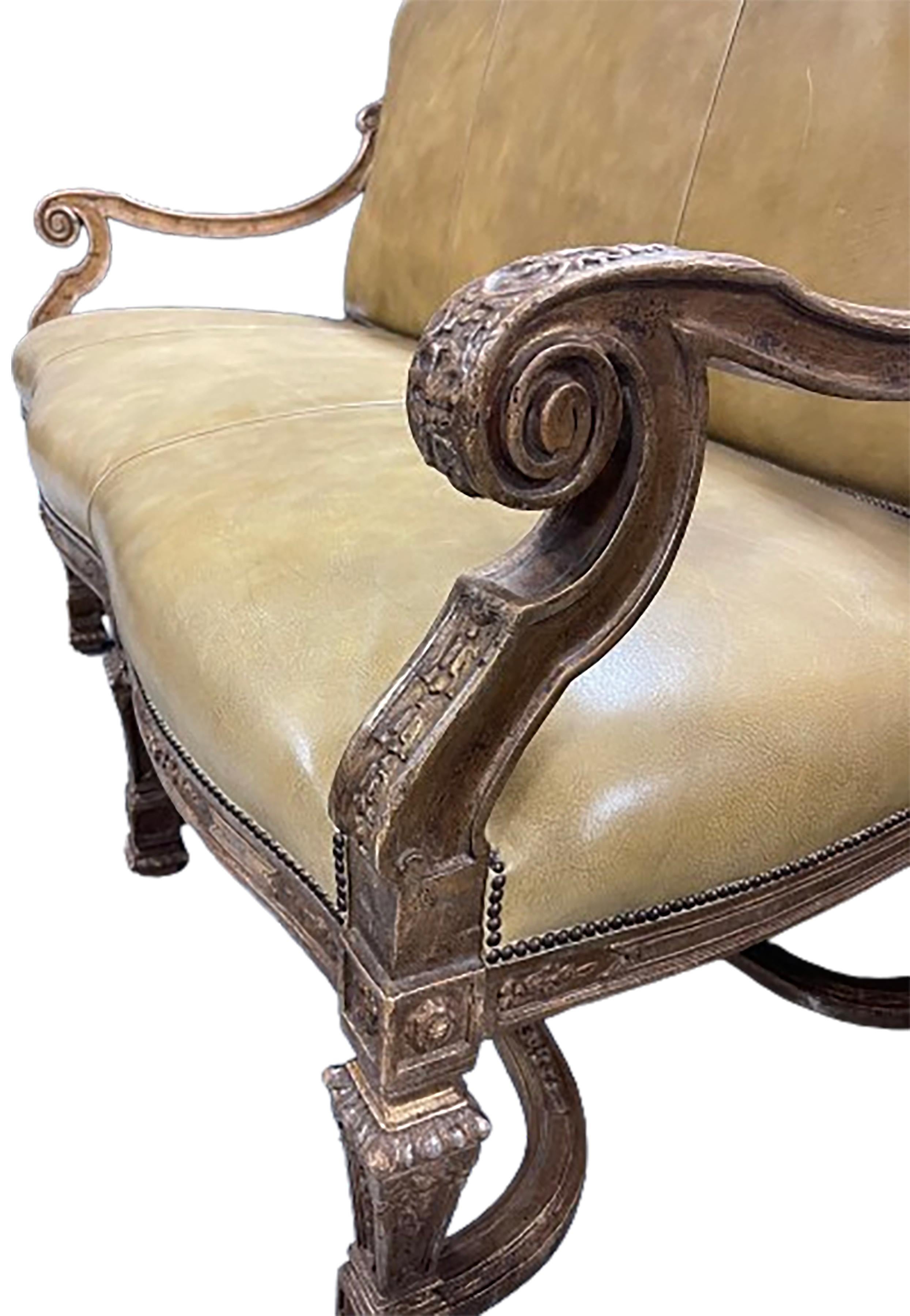 18th Century and Earlier Louis XV Upholstered Settee Loveseat, Yellow Patinated Leather For Sale