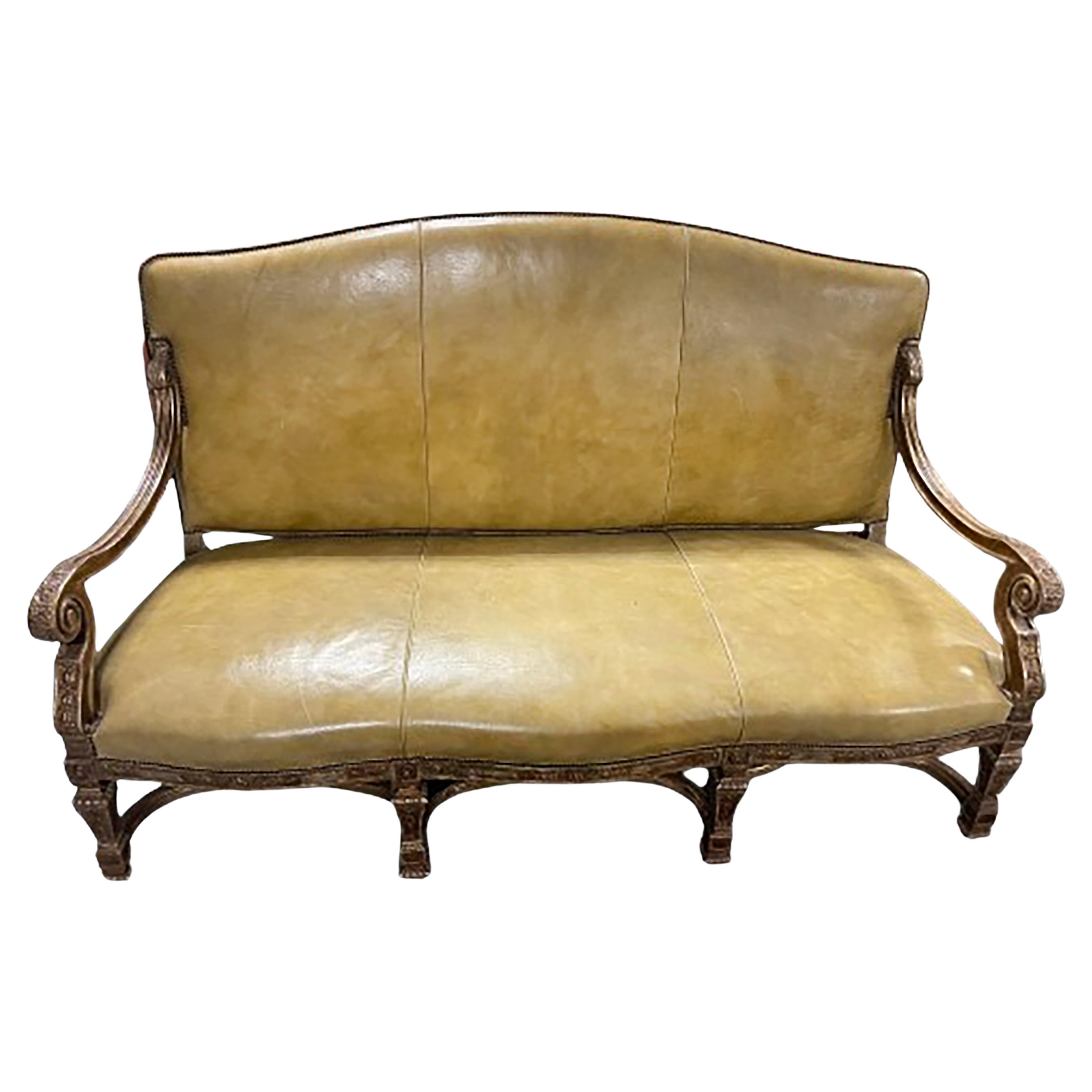 Louis XV Upholstered Settee Loveseat, Yellow Patinated Leather