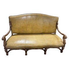 Antique Louis XV Upholstered Settee Loveseat, Yellow Patinated Leather