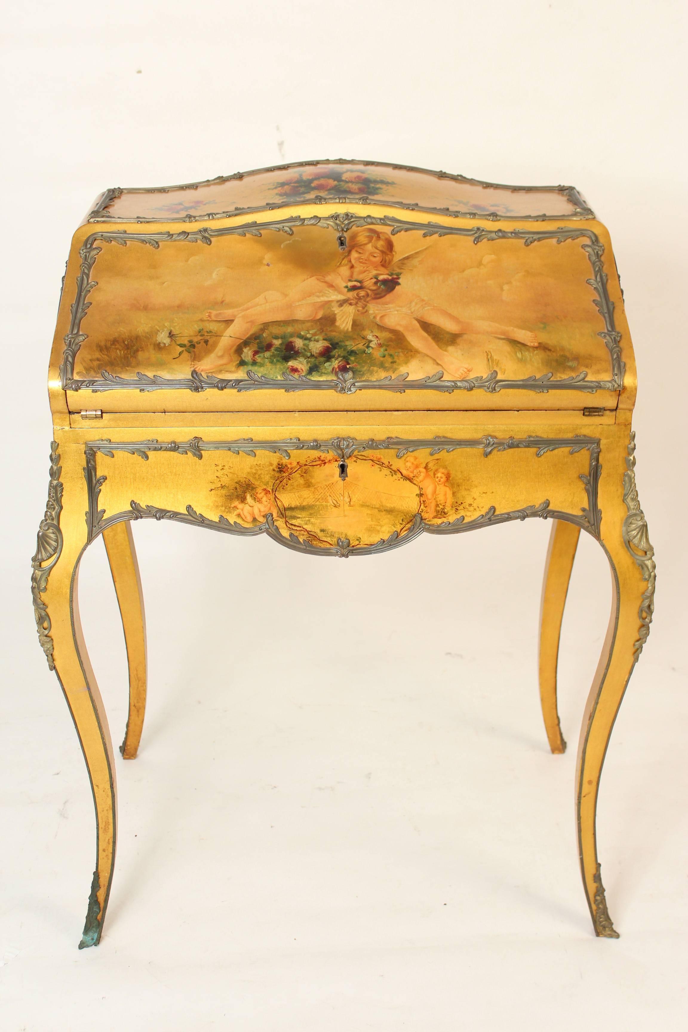 Louis XV style bureau de dame / ladies desk with Vernis Martin style lacquer decoration and bronze mounts, circa 1920. Distance from floor to writing surface 30