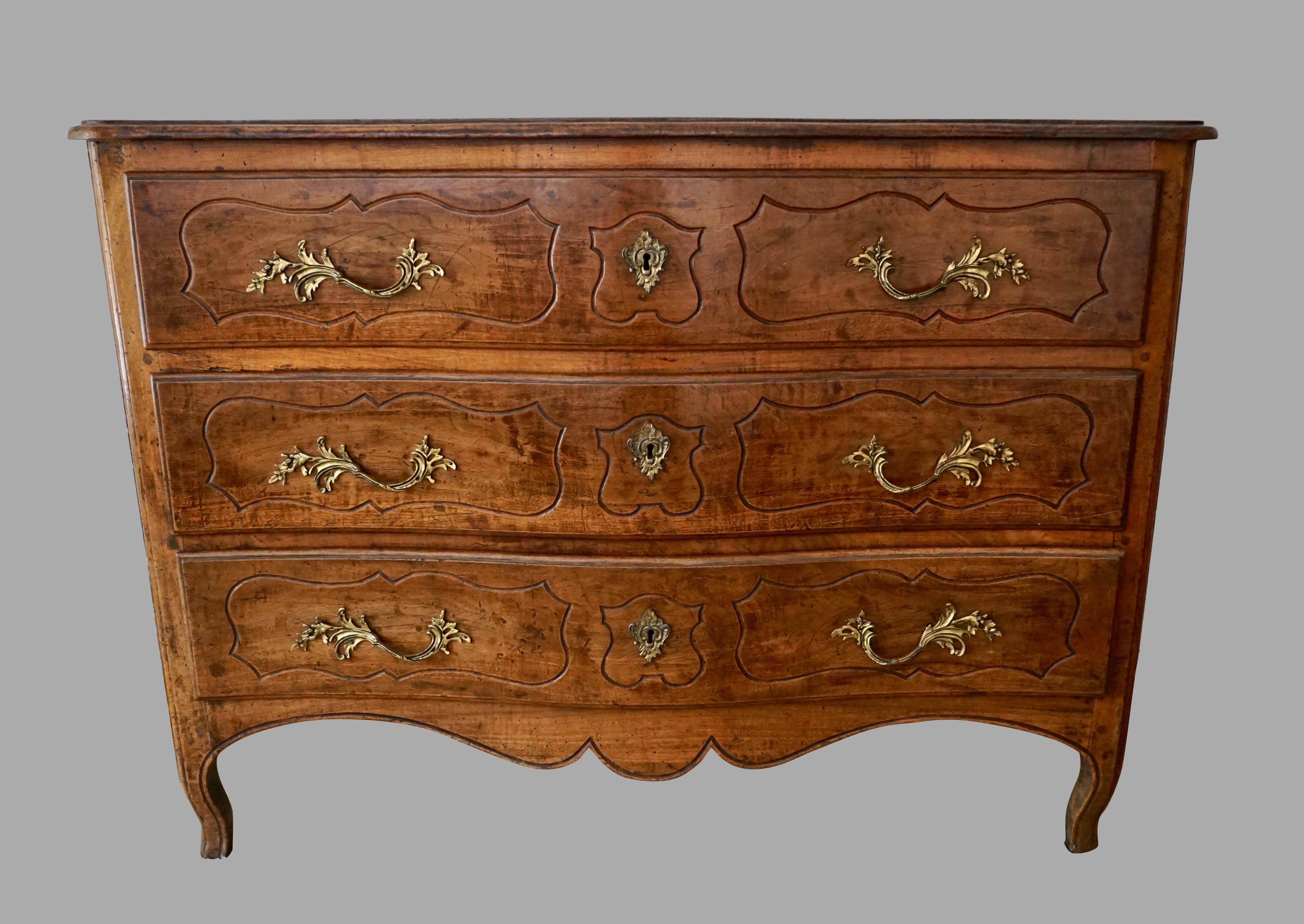 French Louis XV Walnut 3 Drawer Serpentine Form Commode