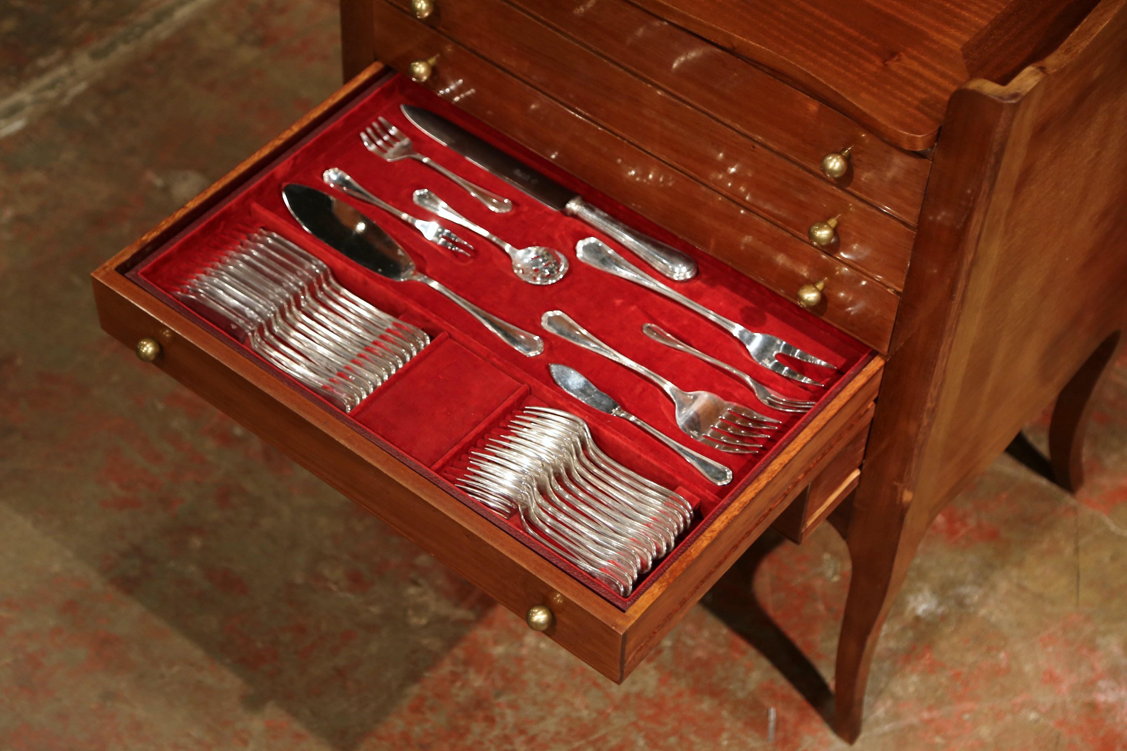 Louis XV Walnut Carved Chest with Silver Plated Christofle Flatware - 181 Pieces For Sale 4