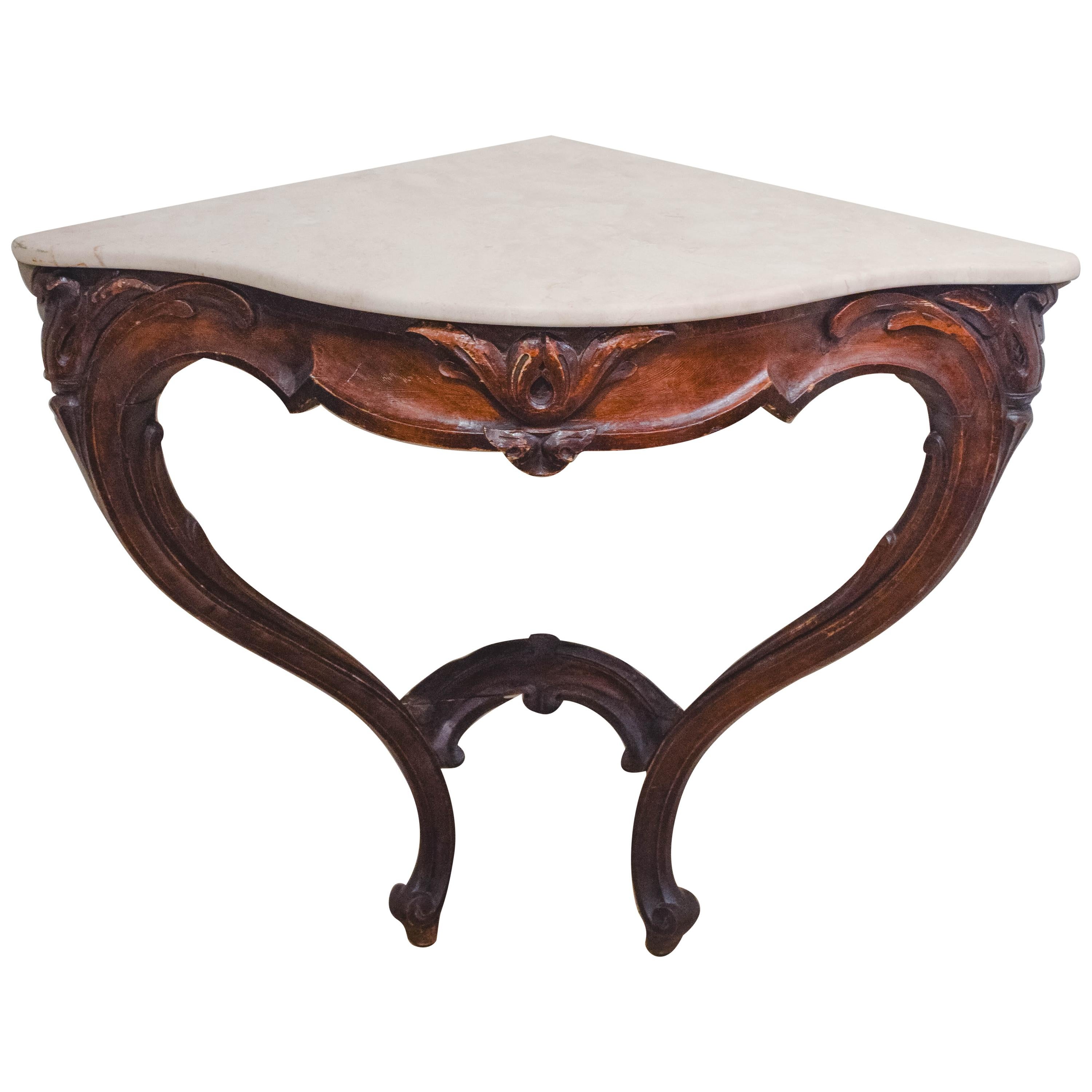 Louis XV Walnut Corner Console with Marble Top