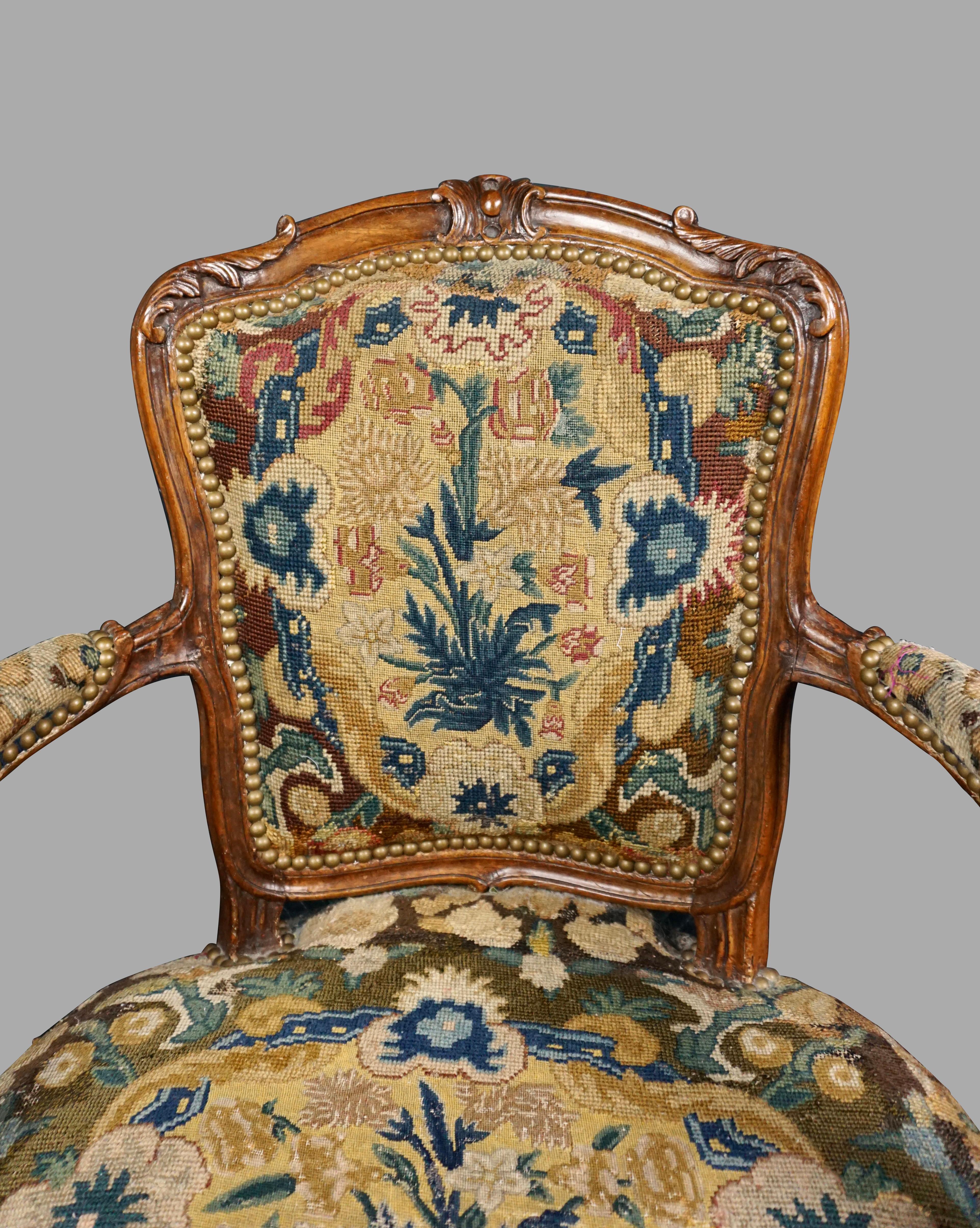Louis XV Walnut Needlepoint Upholstered Armchair 7