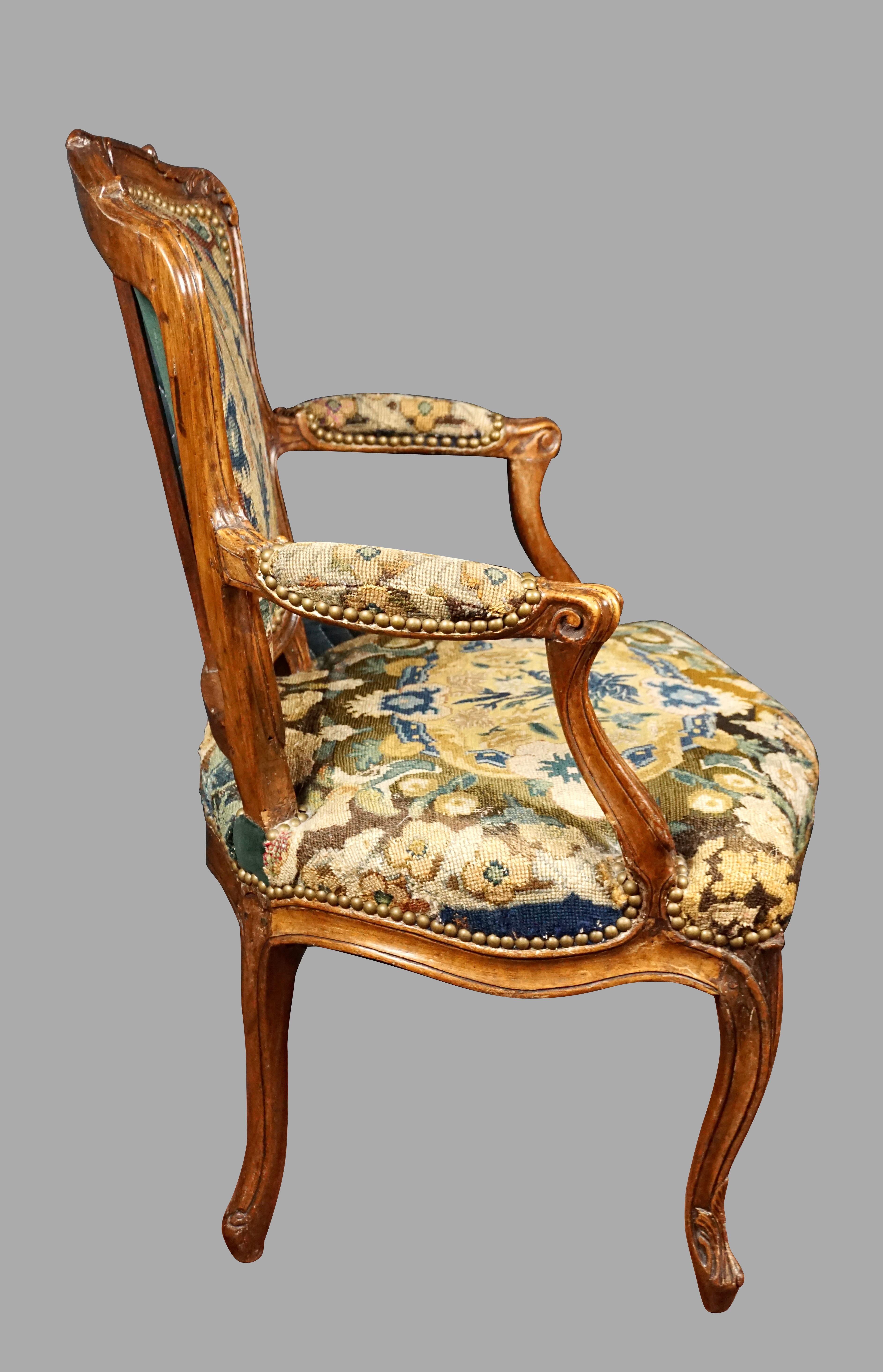 Louis XV Walnut Needlepoint Upholstered Armchair 8