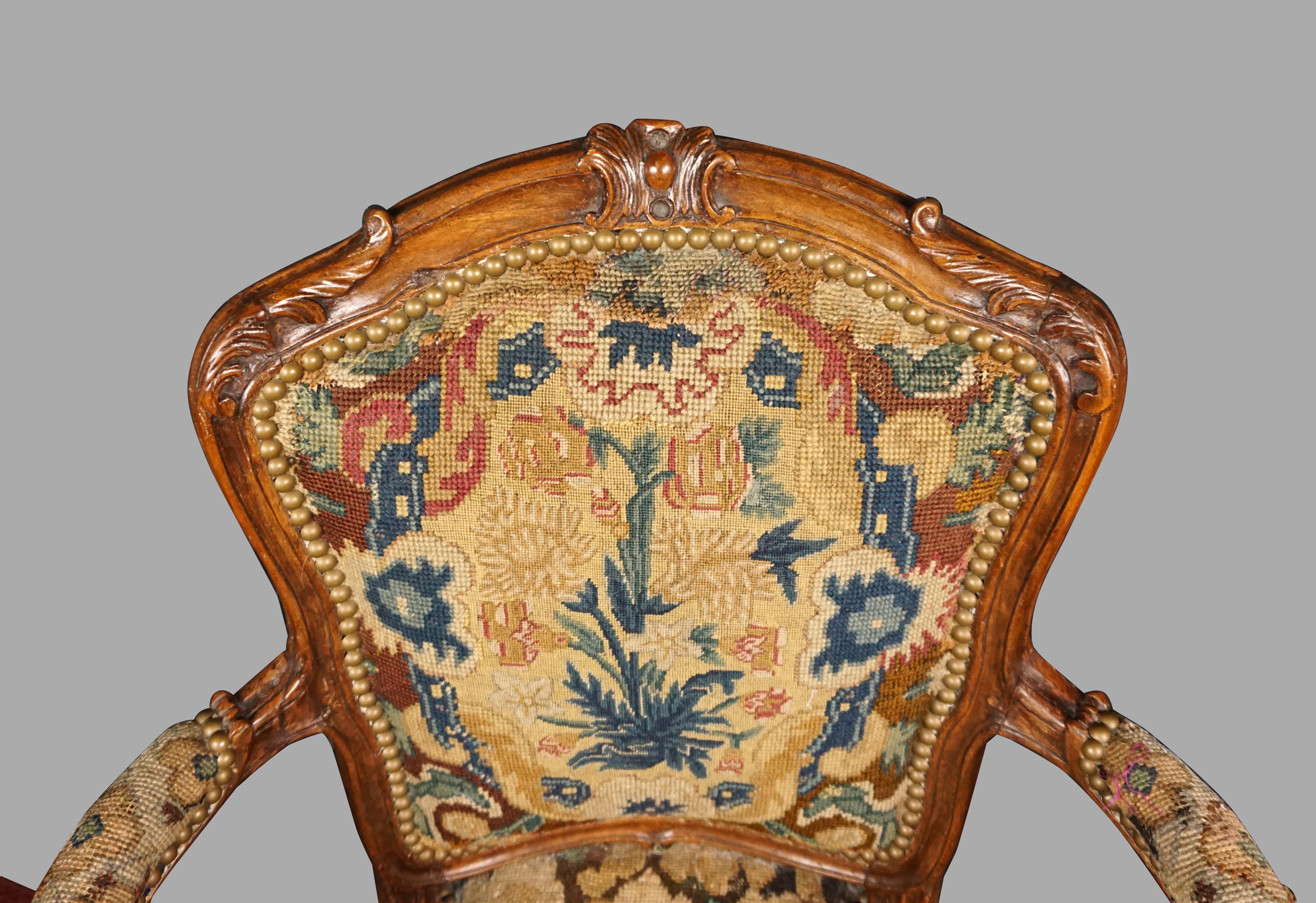 Louis XV Walnut Needlepoint Upholstered Armchair 13