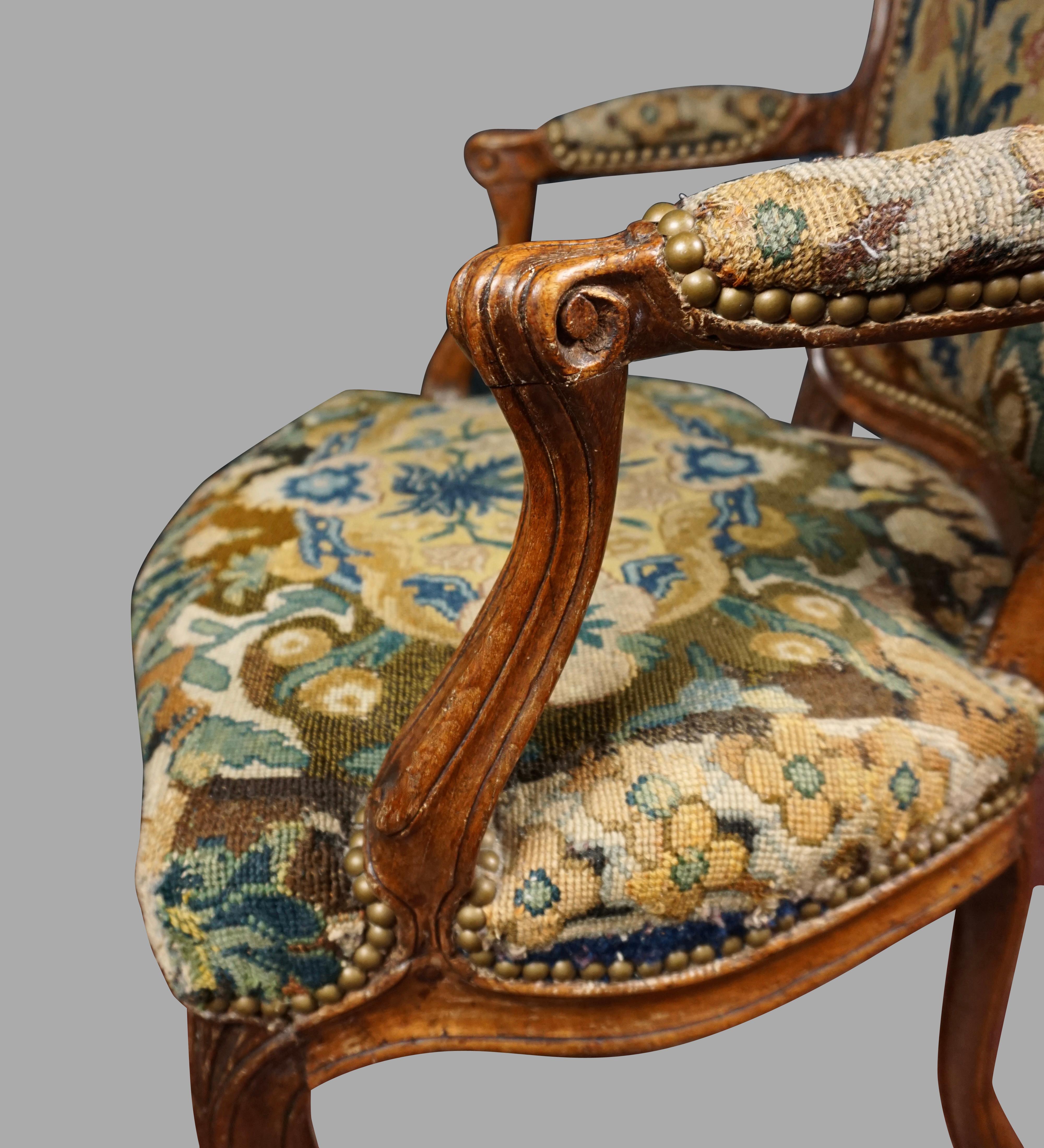 French Louis XV Walnut Needlepoint Upholstered Armchair