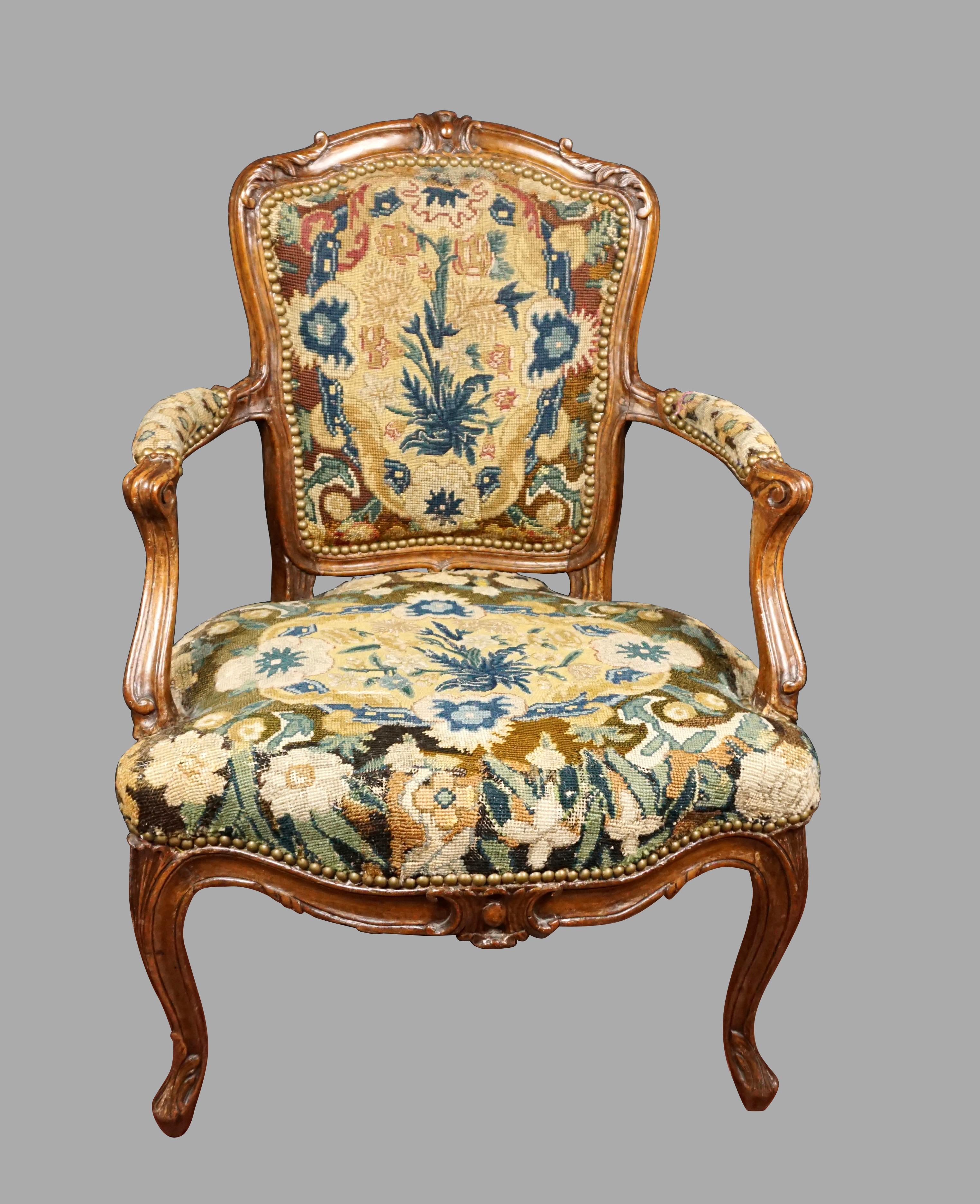 Louis XV Walnut Needlepoint Upholstered Armchair In Good Condition In San Francisco, CA