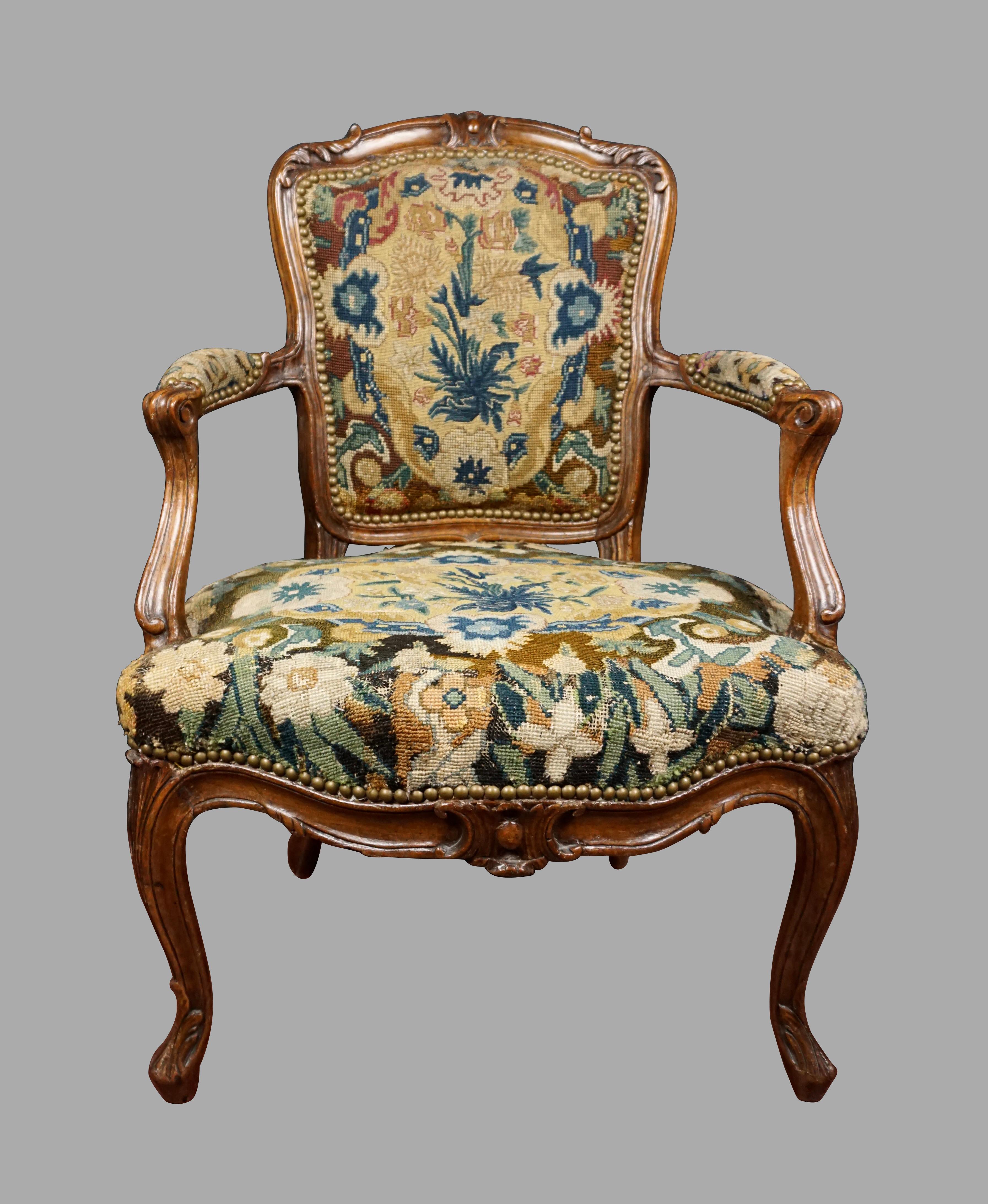 19th Century Louis XV Walnut Needlepoint Upholstered Armchair