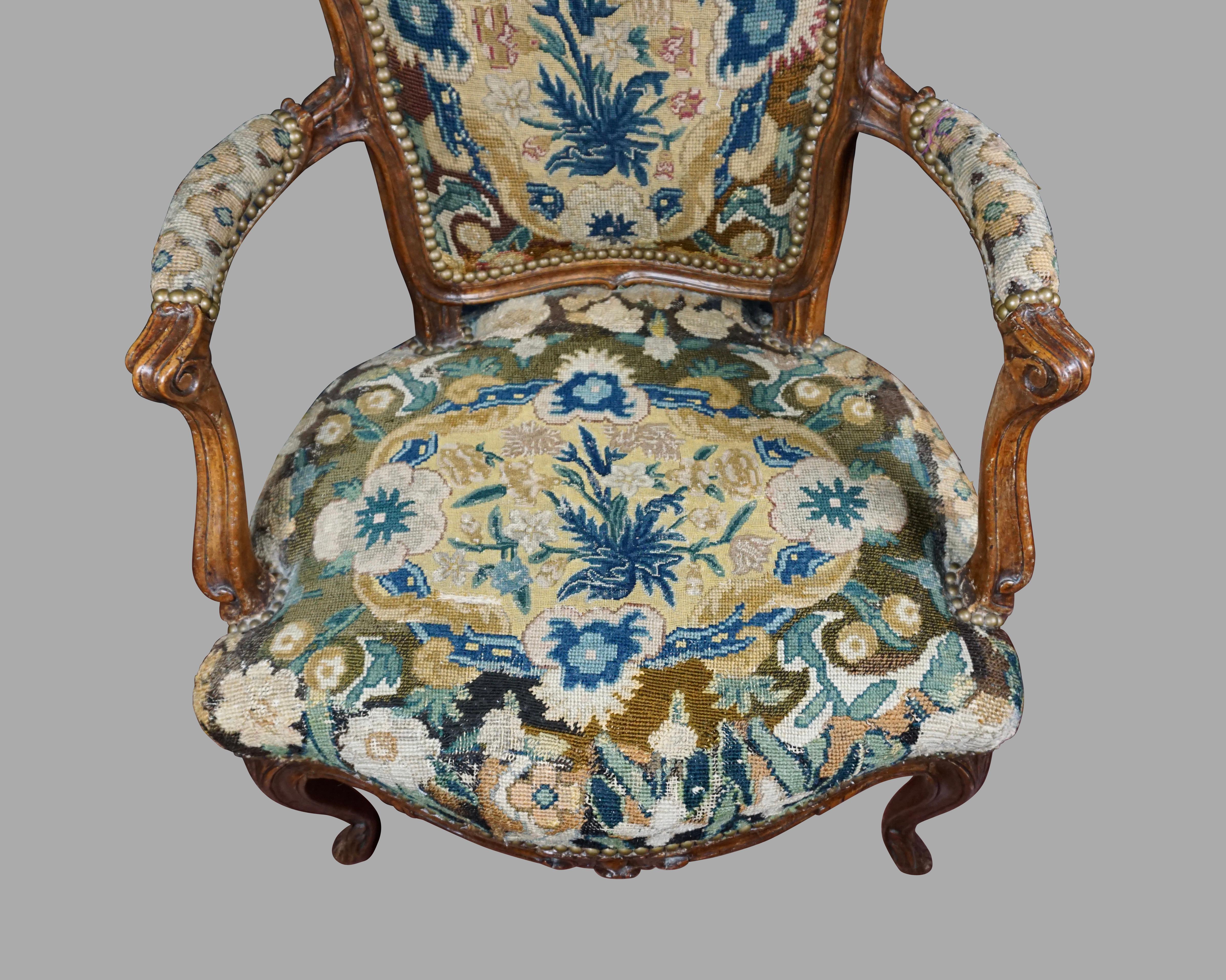 Louis XV Walnut Needlepoint Upholstered Armchair 1