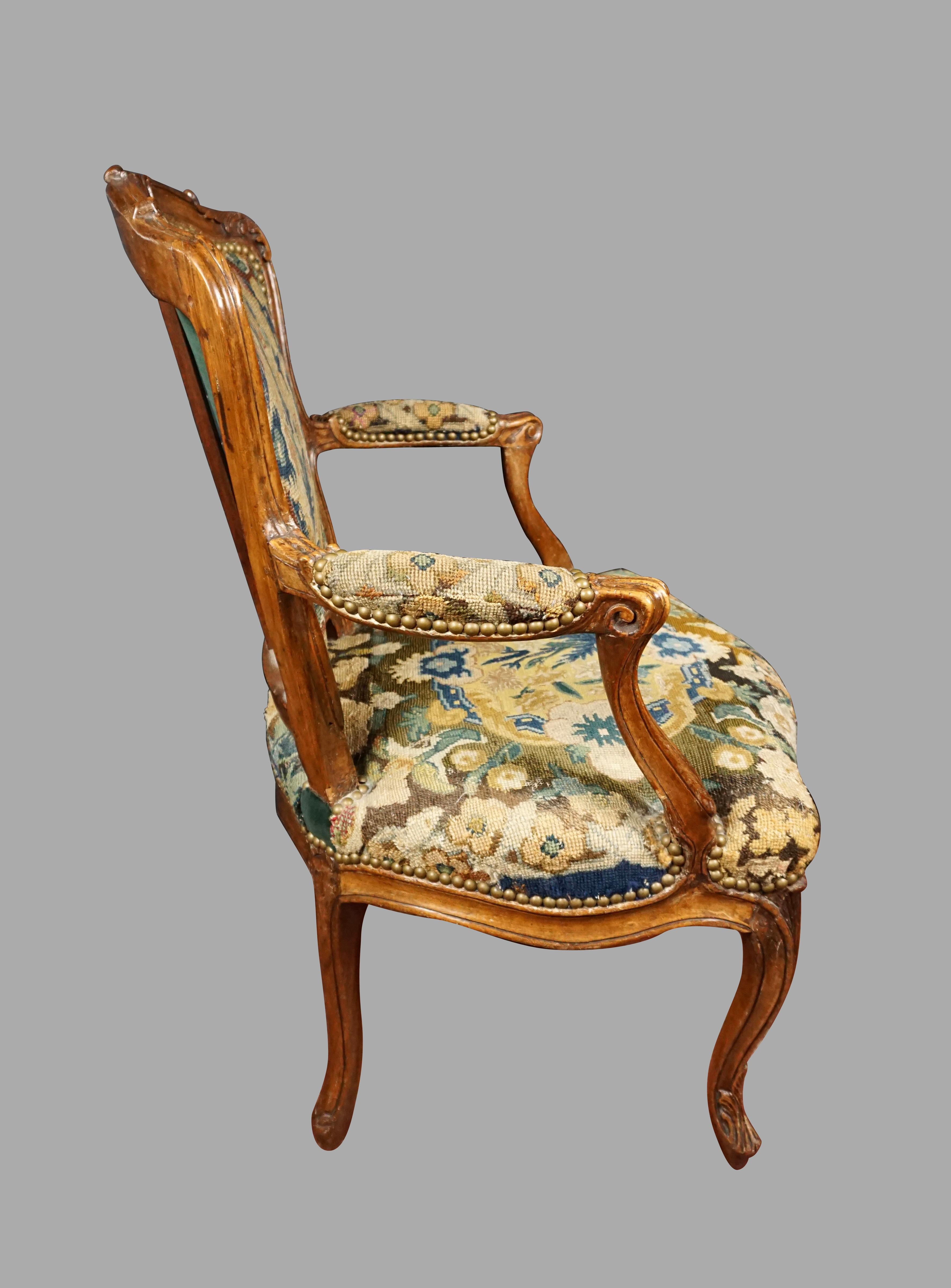 Louis XV Walnut Needlepoint Upholstered Armchair 2