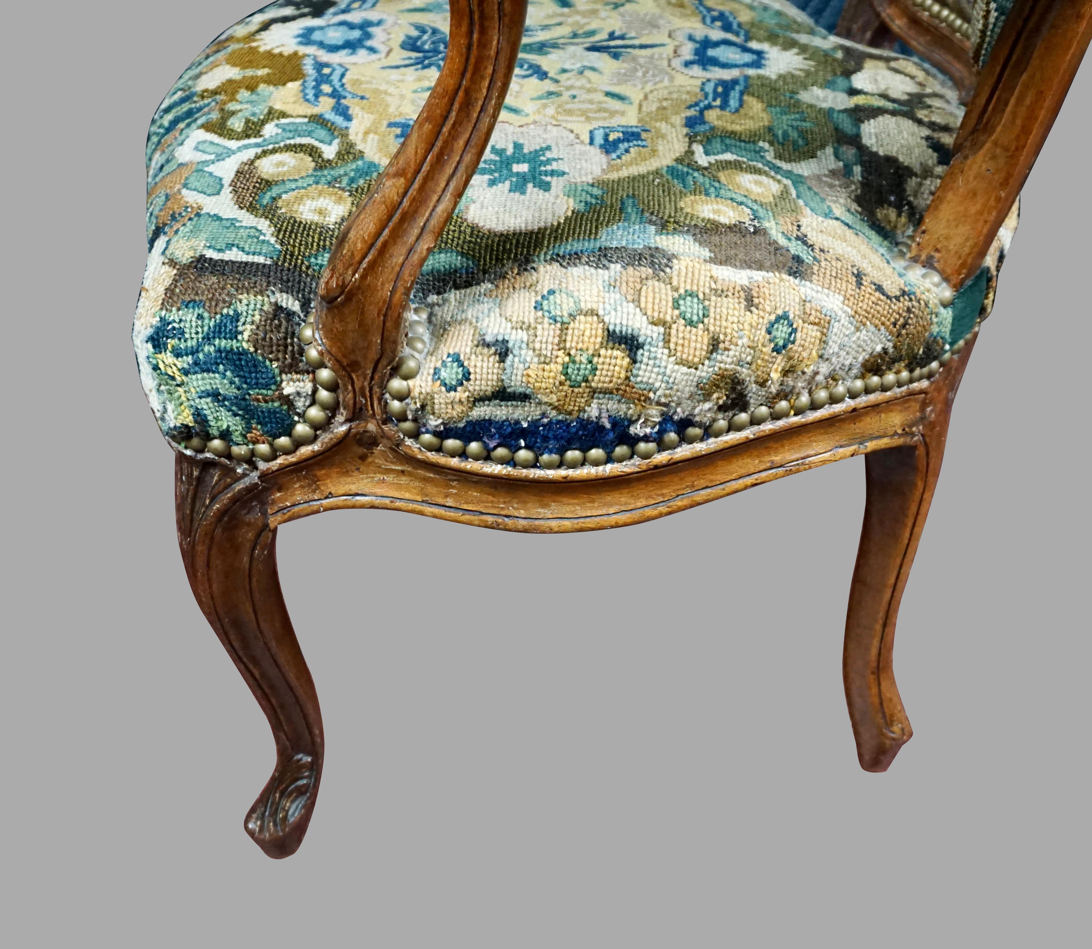 Louis XV Walnut Needlepoint Upholstered Armchair 4