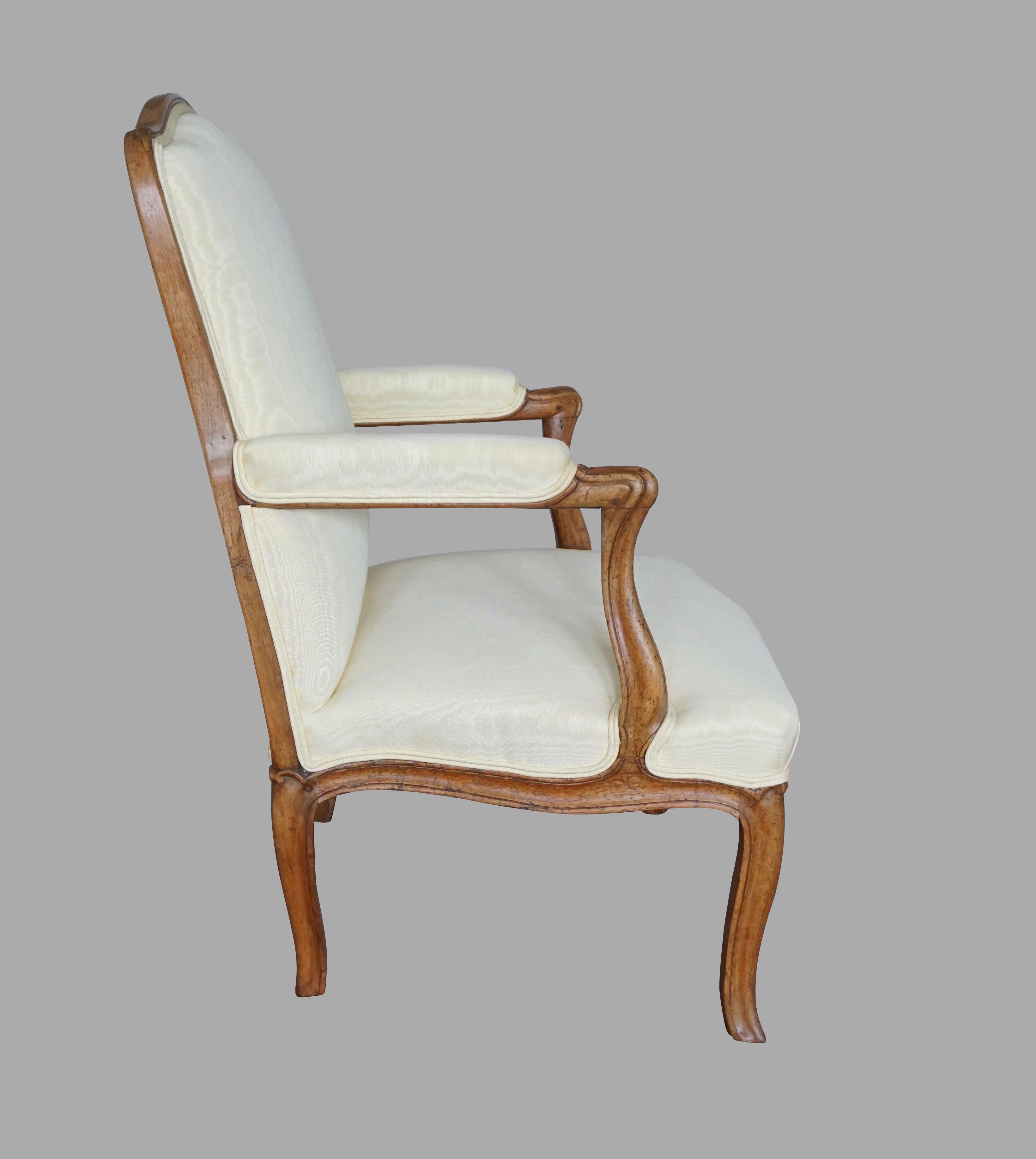 French Louis XV Walnut Silk Upholstered Open Arm Chair