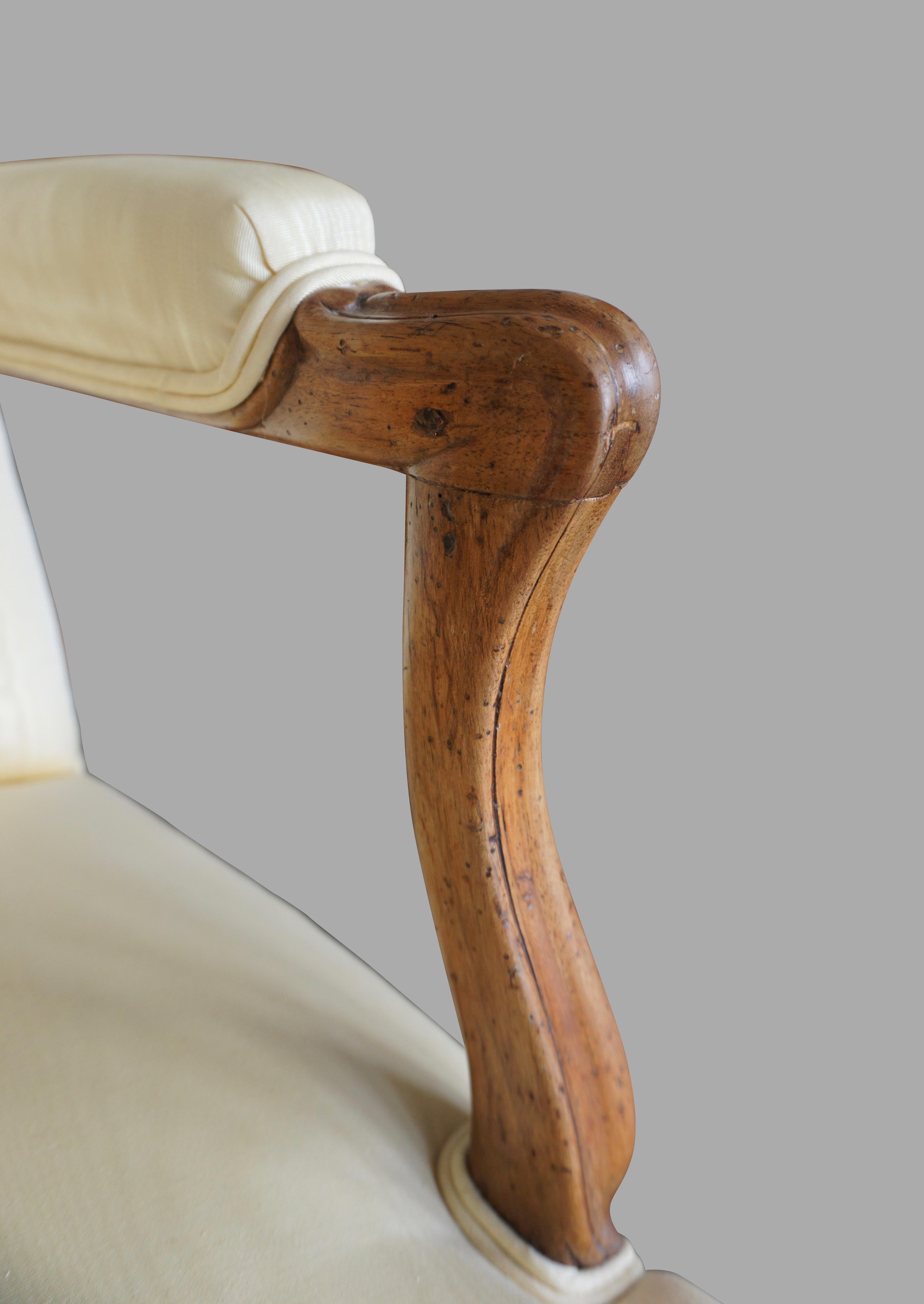 Louis XV Walnut Silk Upholstered Open Arm Chair 1