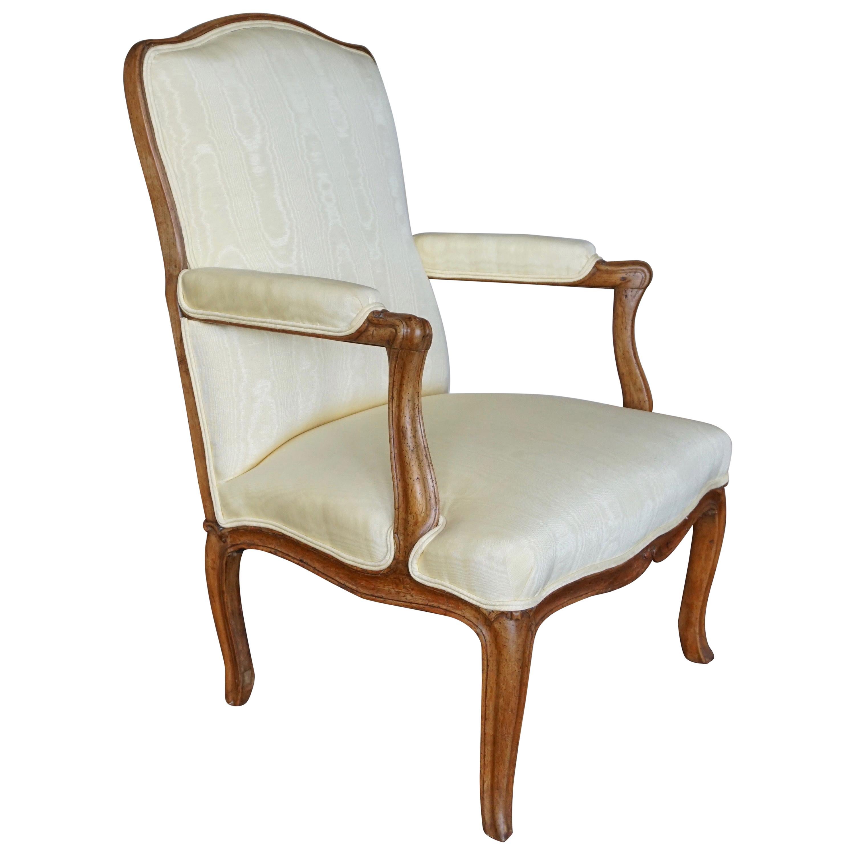 Louis XV Walnut Silk Upholstered Open Arm Chair