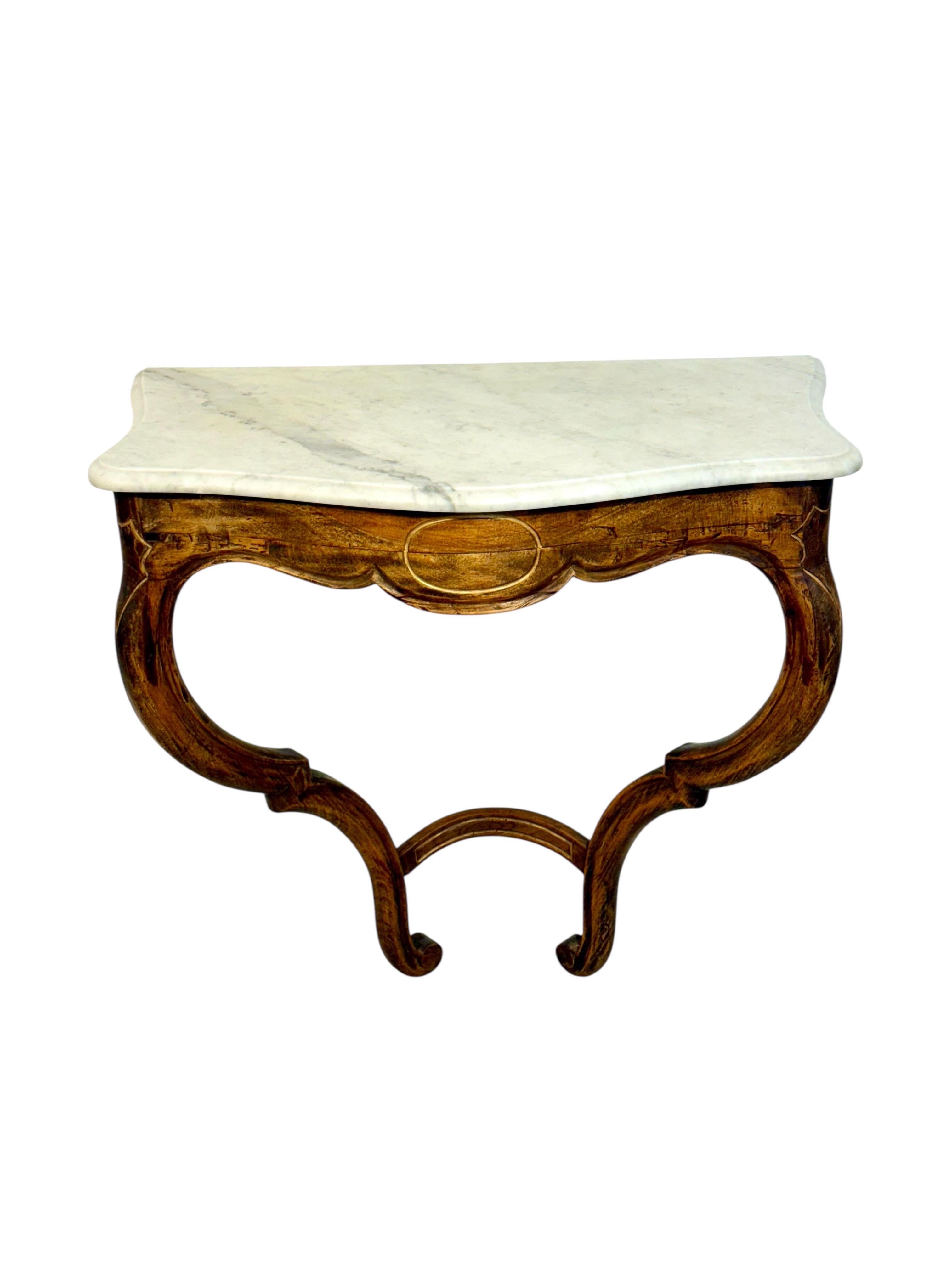 19th Century Louis XV Walnut Wall Console with Carrara Marble, c.1890 For Sale