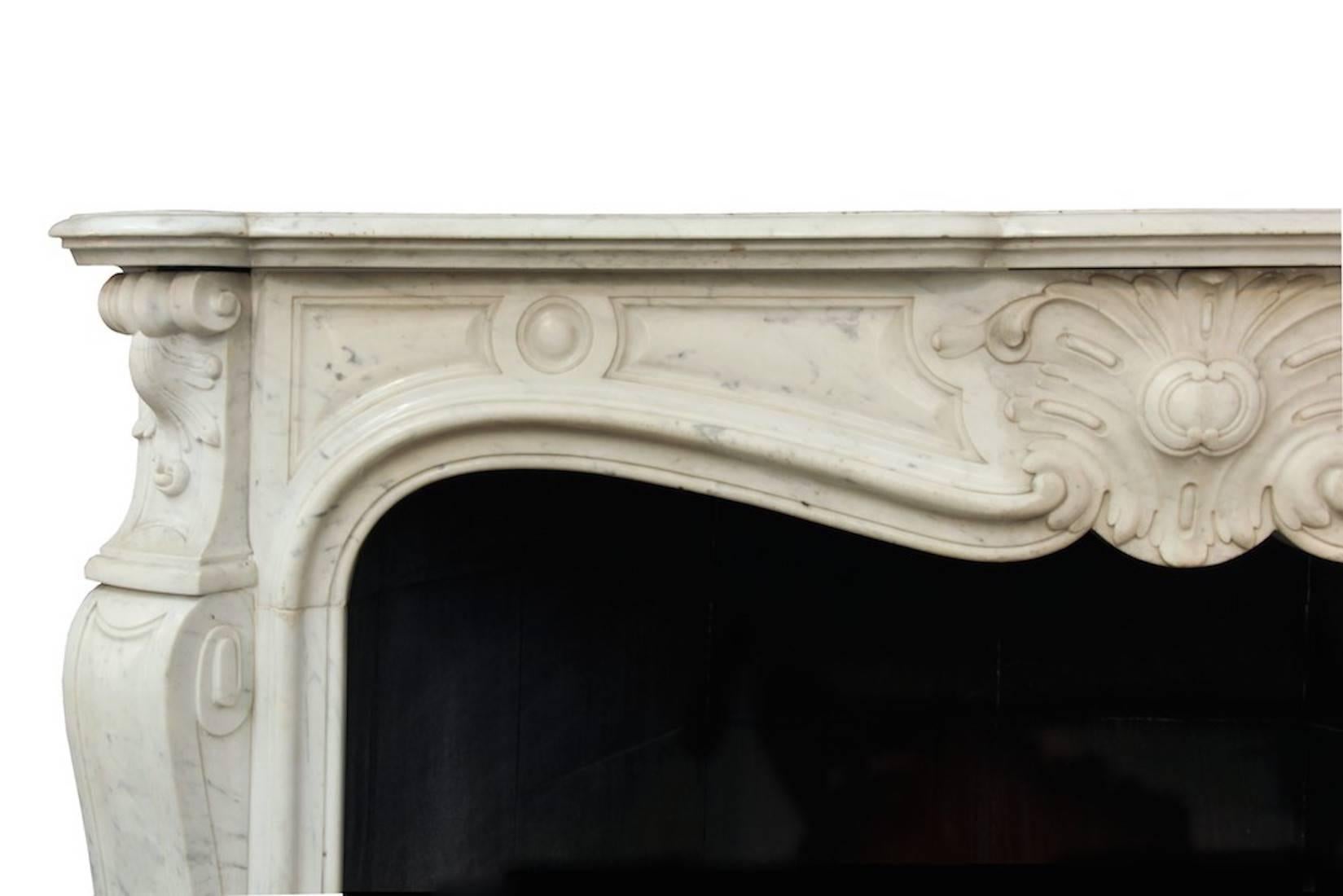 French Louis XV White Carrara Marble Mantle Fireplace, 19th Century For Sale