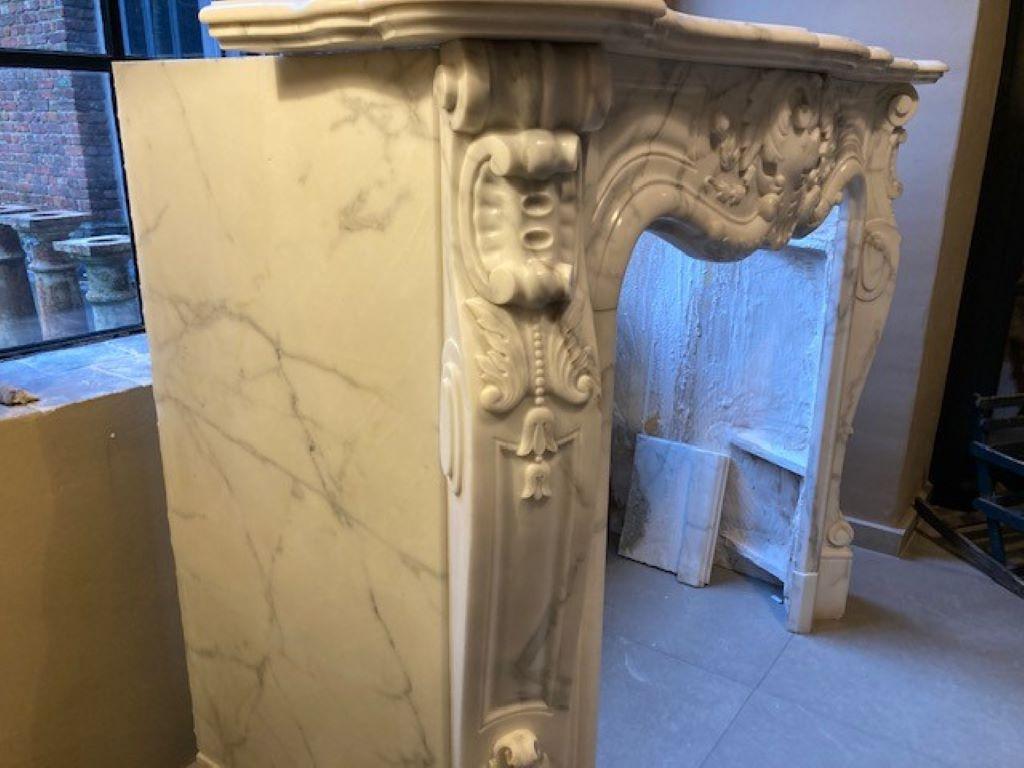 19th Century Louis XV White Marble Fireplace Mantel For Sale