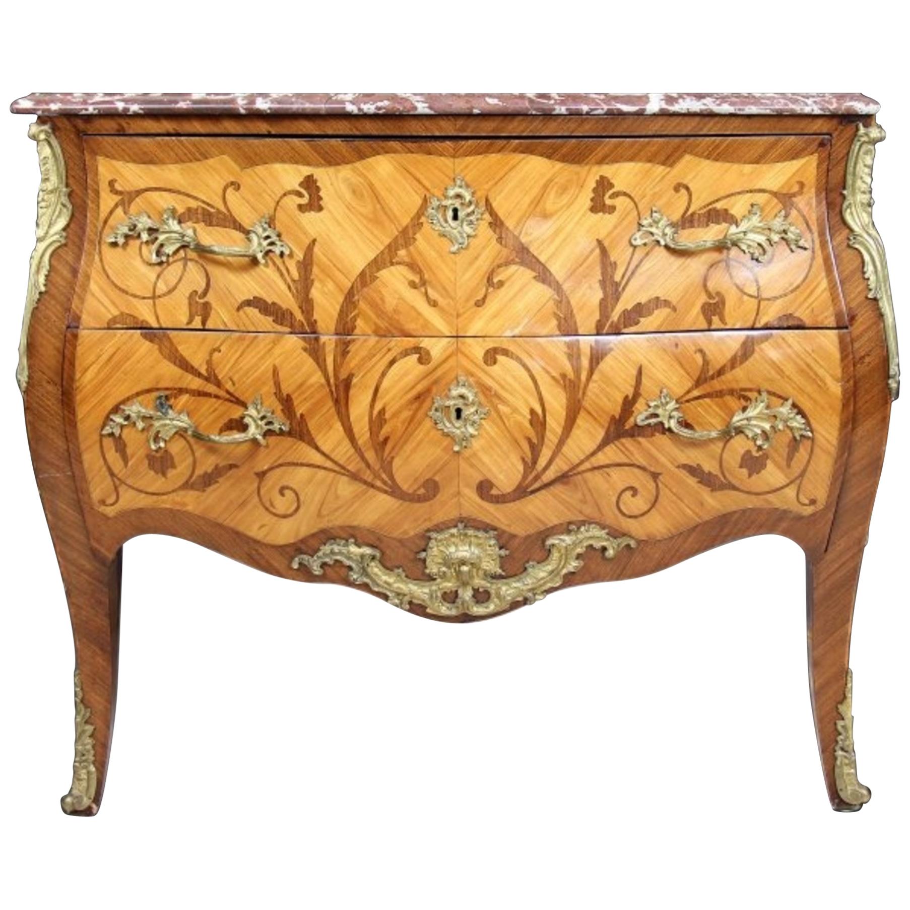 Louis XV/XVI Style Tulipwood, Kingwood, and Fruitwood Marquetry Commode