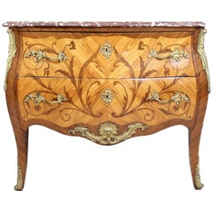 Antique Louis XV/XVI Style Tulipwood, Kingwood, and Fruitwood Marquetry Commode