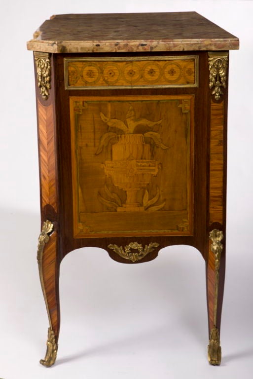 Louis XV/XVI Transitional Ormolu Mounted Marquetry Commode by Ohneberg For Sale 4