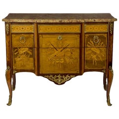 Antique Louis XV/XVI Transitional Ormolu Mounted Marquetry Commode by Ohneberg