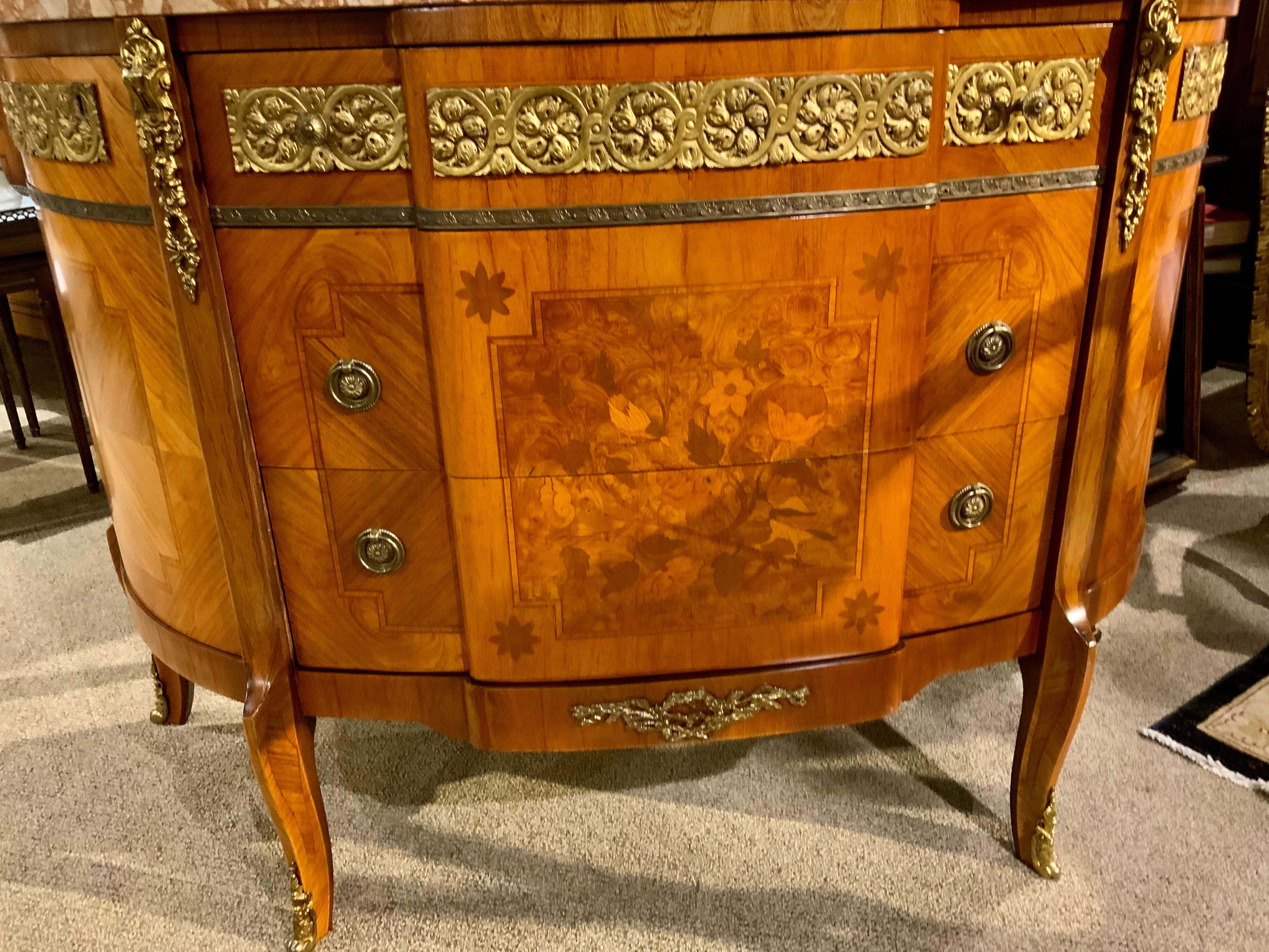 20th Century Louis XV/XVI, Transitional Style Kingwood and Breche Marble Top Commode