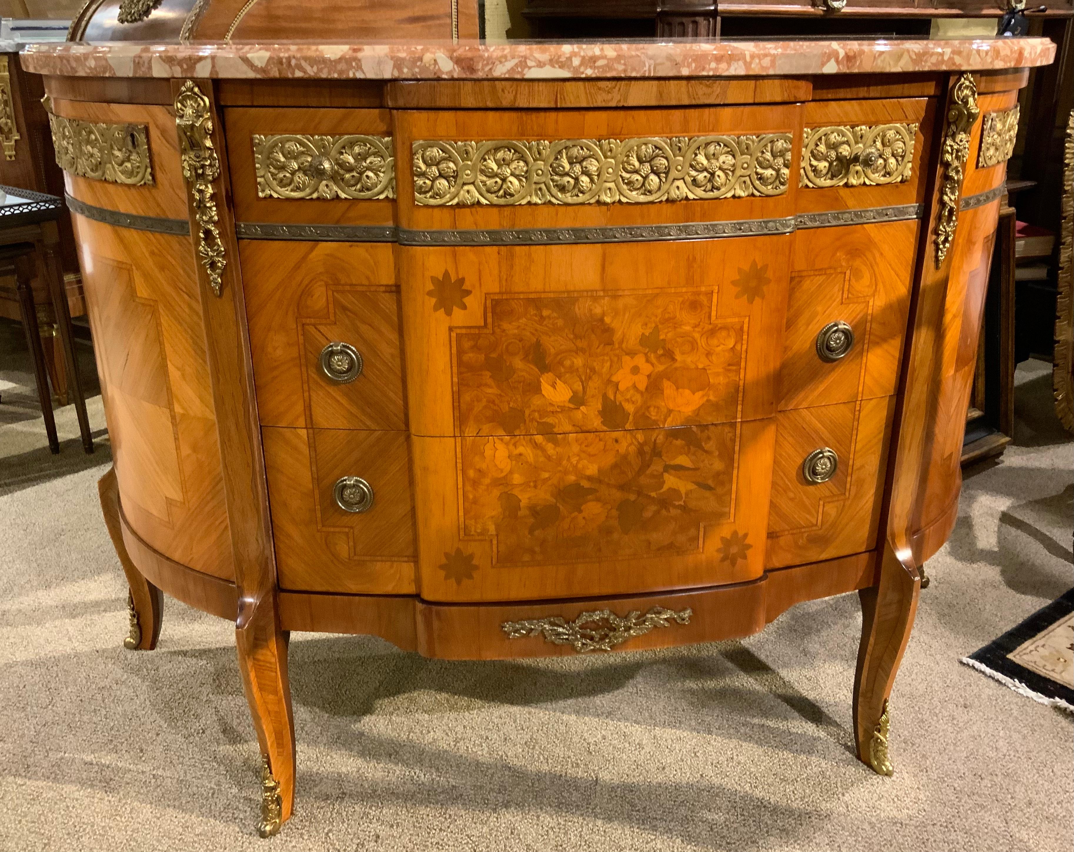 Walnut Louis XV/XVI, Transitional Style Kingwood and Breche Marble Top Commode