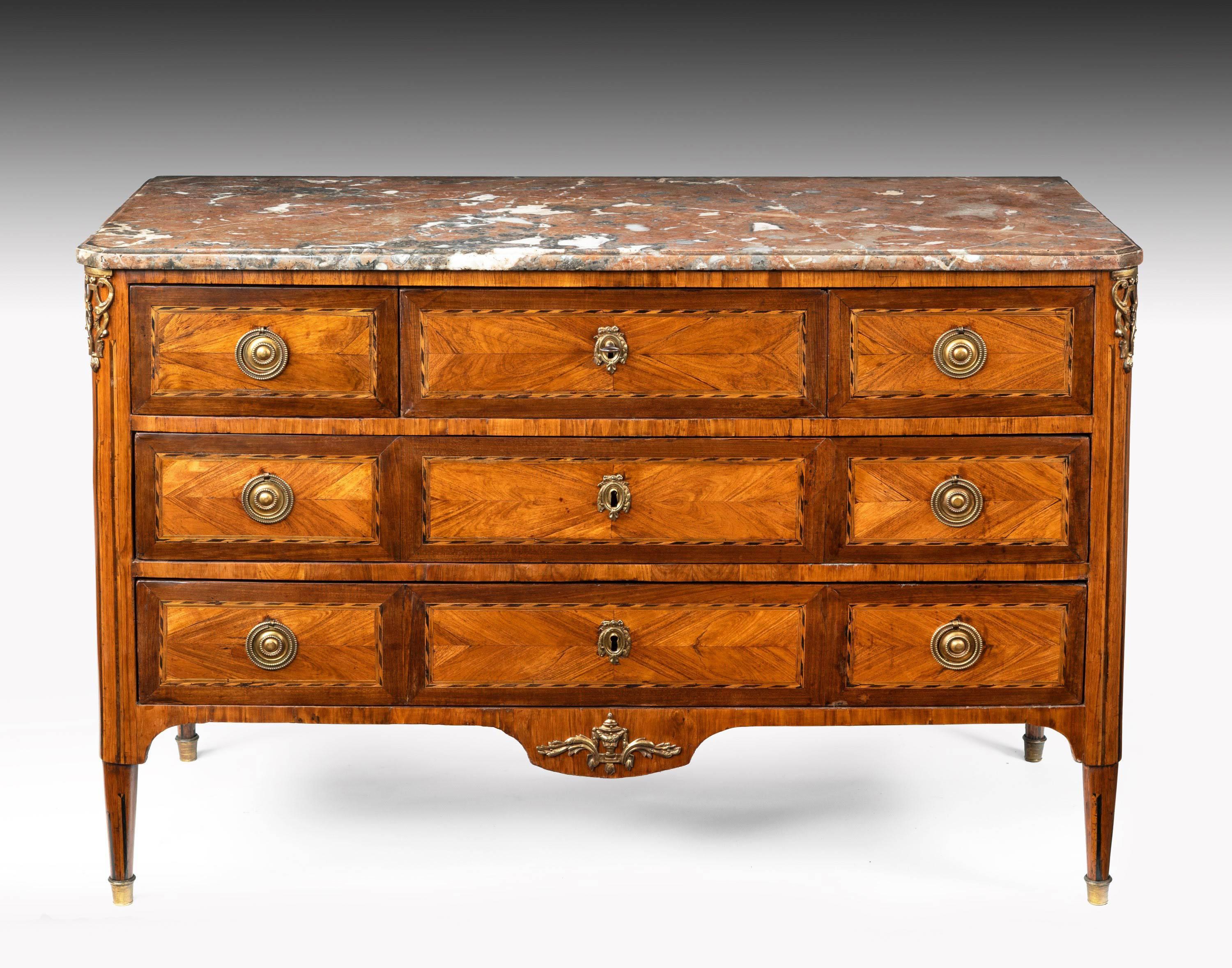 Louis XV/XVI Transitional Tulipwood and Amaranth Marble Commode In Excellent Condition In Benington, Herts
