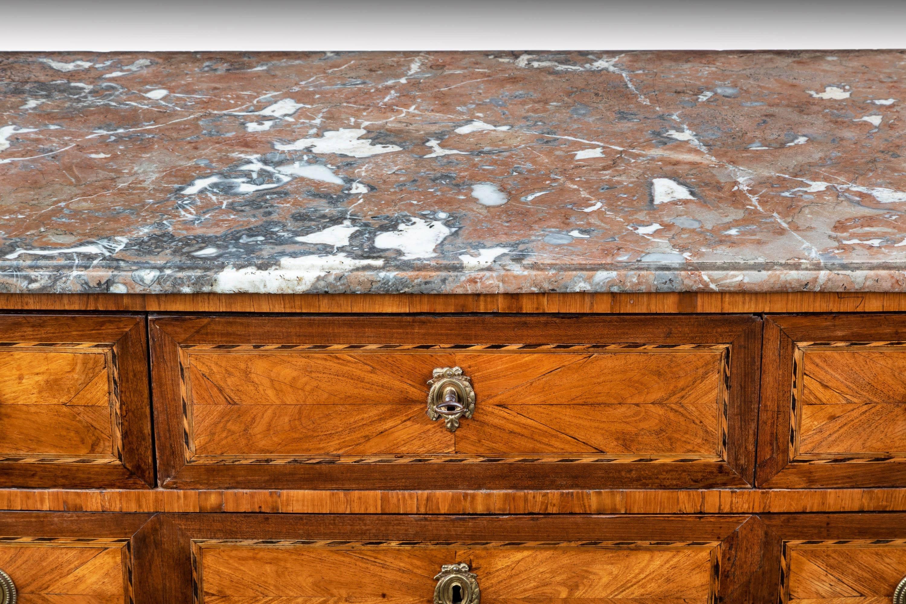 Brass Louis XV/XVI Transitional Tulipwood and Amaranth Marble Commode