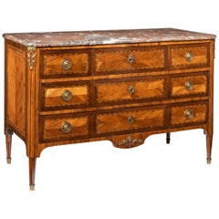 Antique Louis XV/XVI Transitional Tulipwood and Amaranth Marble Commode
