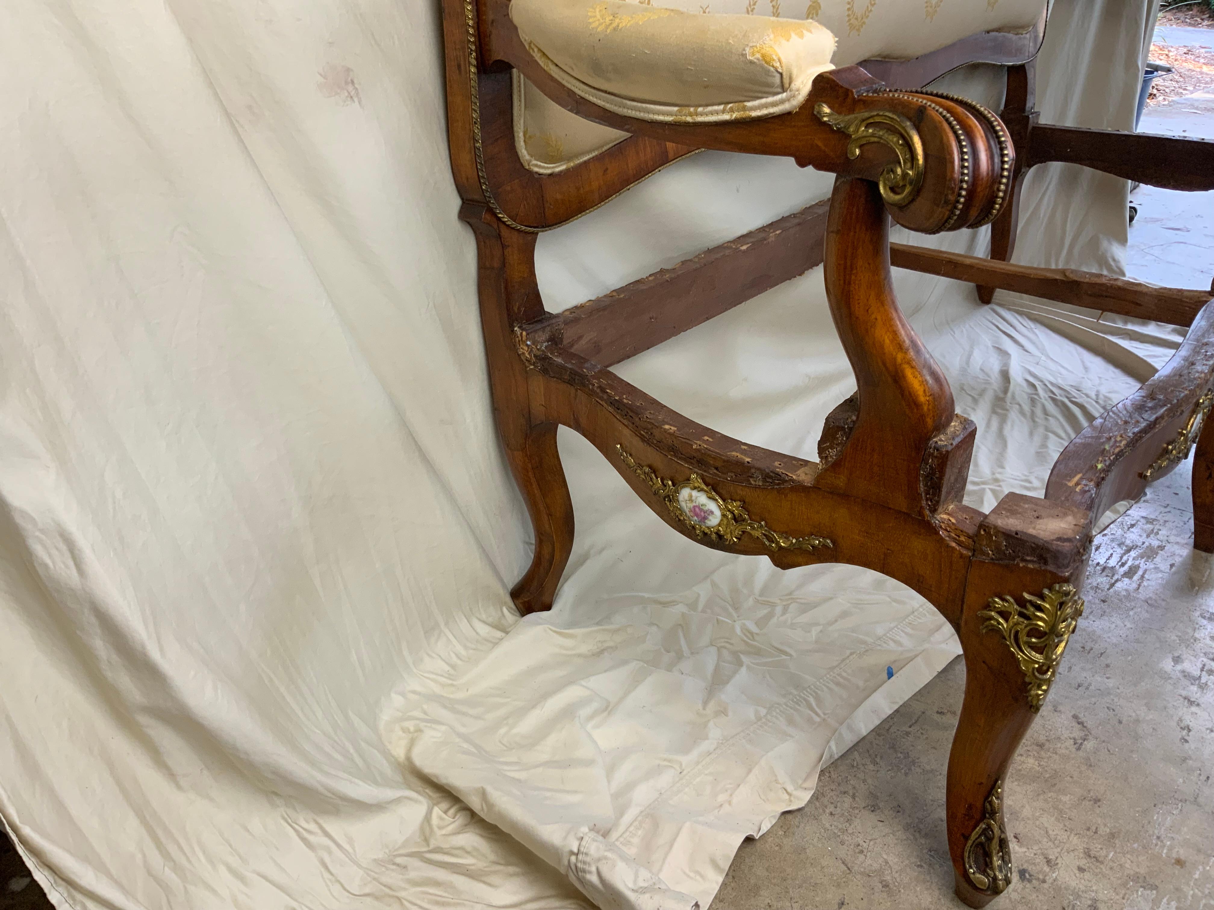 Louis XV1 Walnut Ormolu Settee In Good Condition For Sale In Bradenton, FL