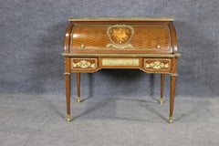 Louis XVI 19th C. Bronze Mounted Figural Marqetry Inlaid Roll Top Desk