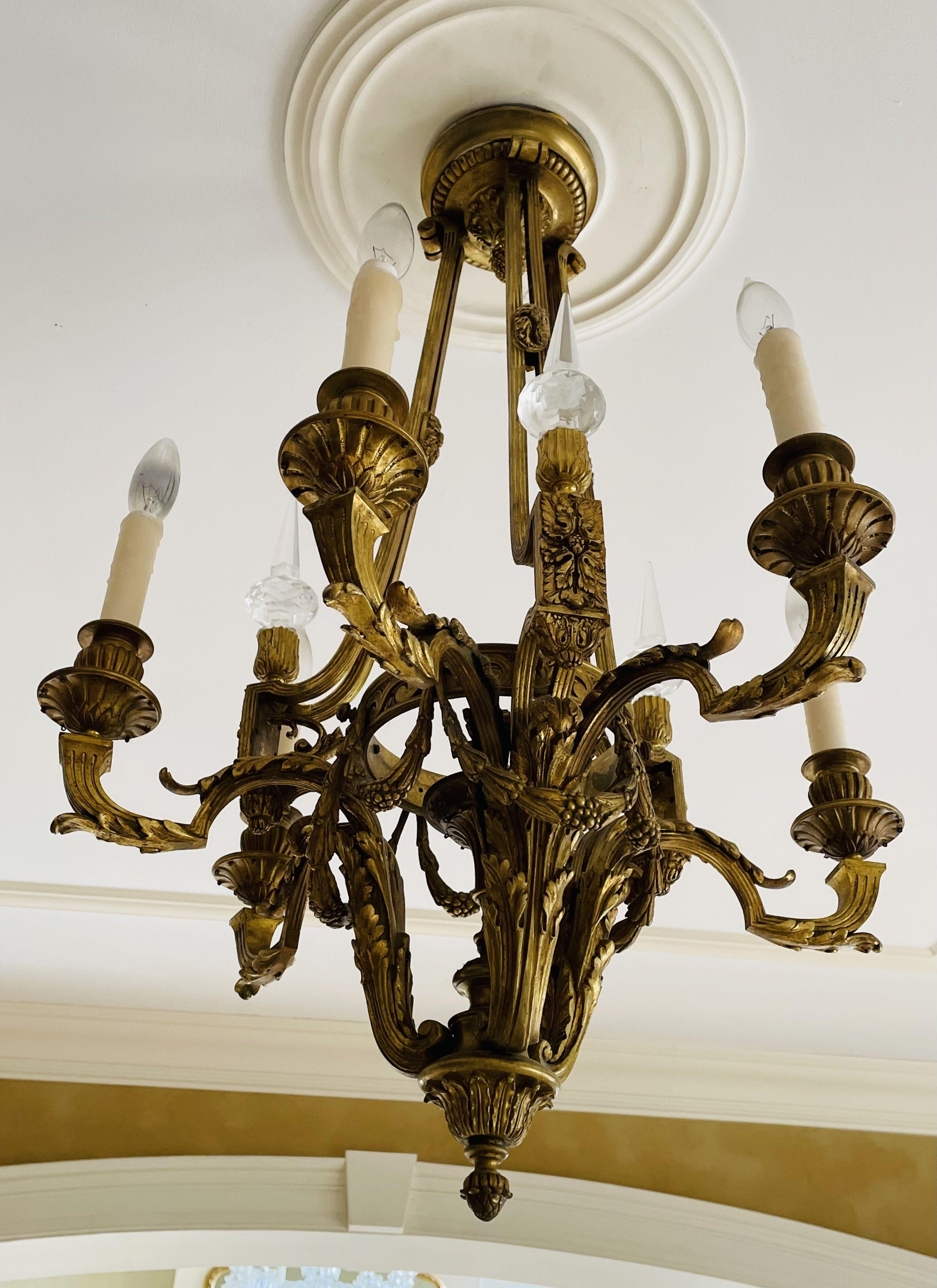 Late 19th Century Louis XVI 19th Century Dore Bronze Chandelier, Six Light, Estate Item For Sale
