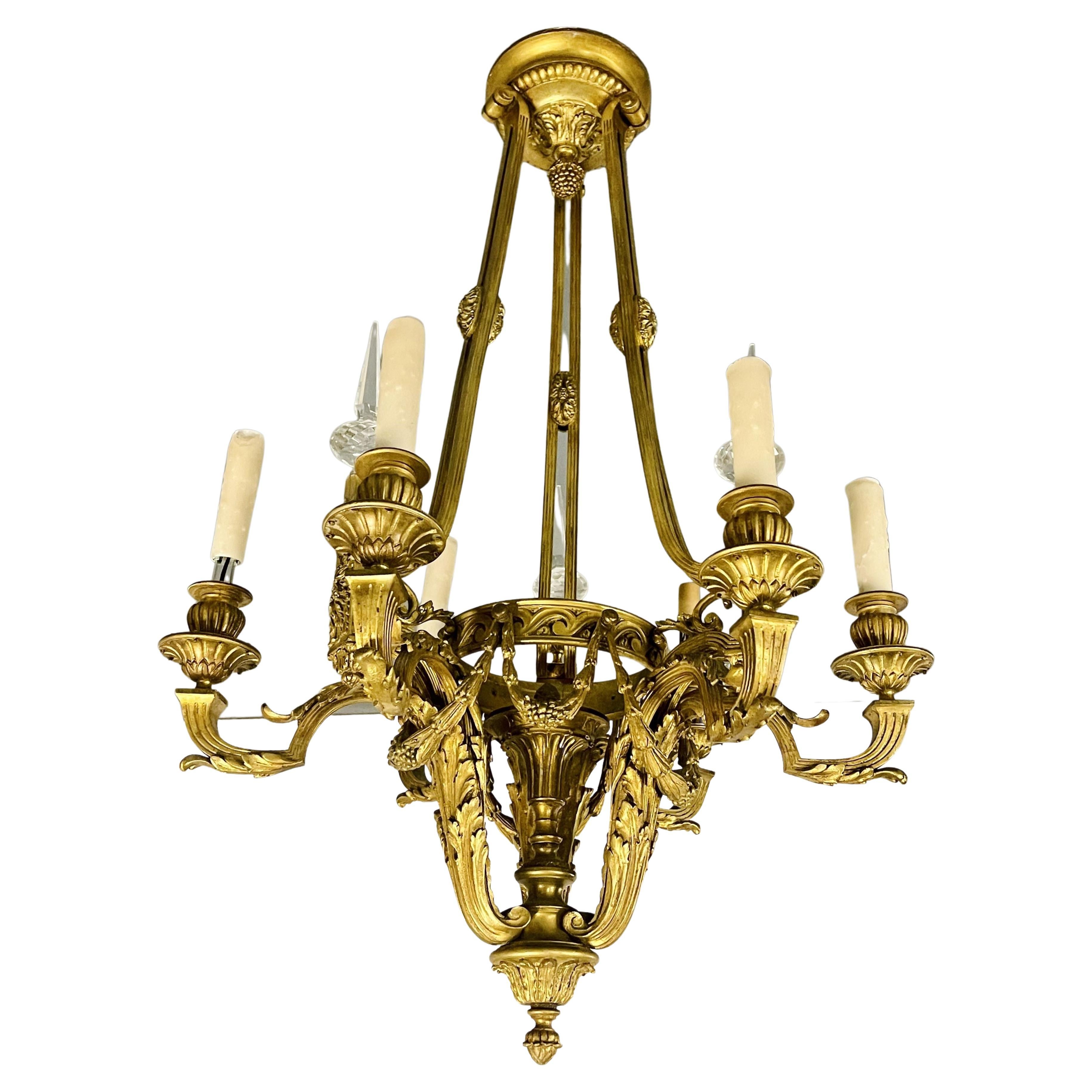 Louis XVI 19th Century Dore Bronze Chandelier, Six Light, Estate Item For Sale