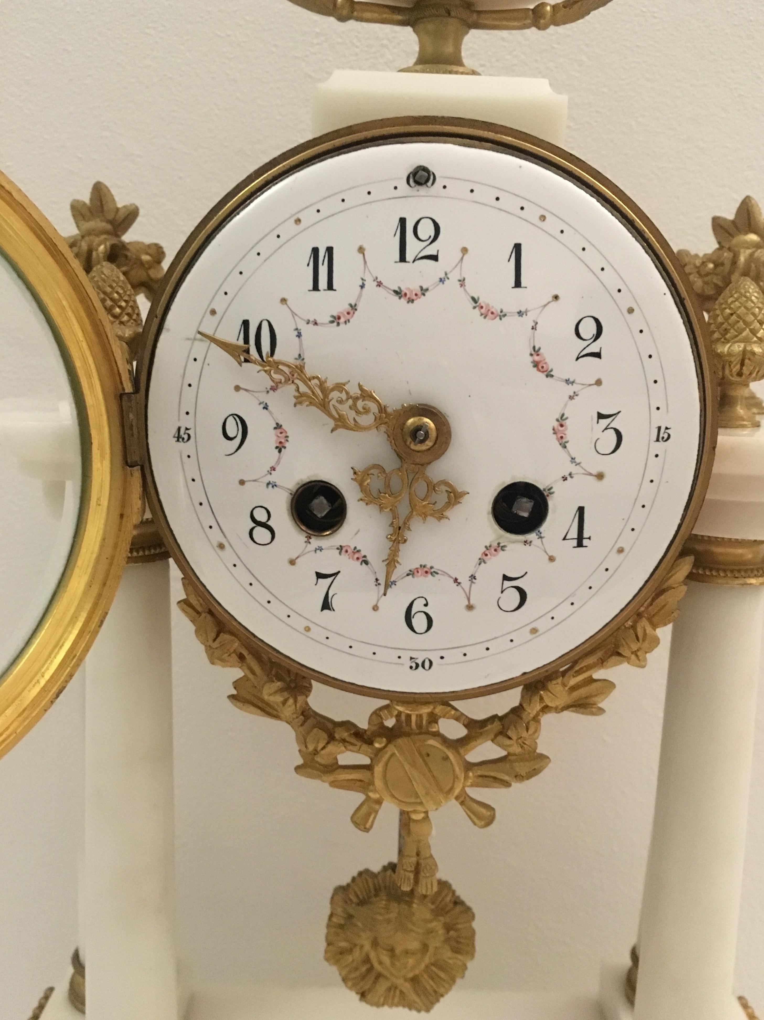 Hand-Crafted 19th C. French Louis XVI White Carrara Marble Garniture Clock Set