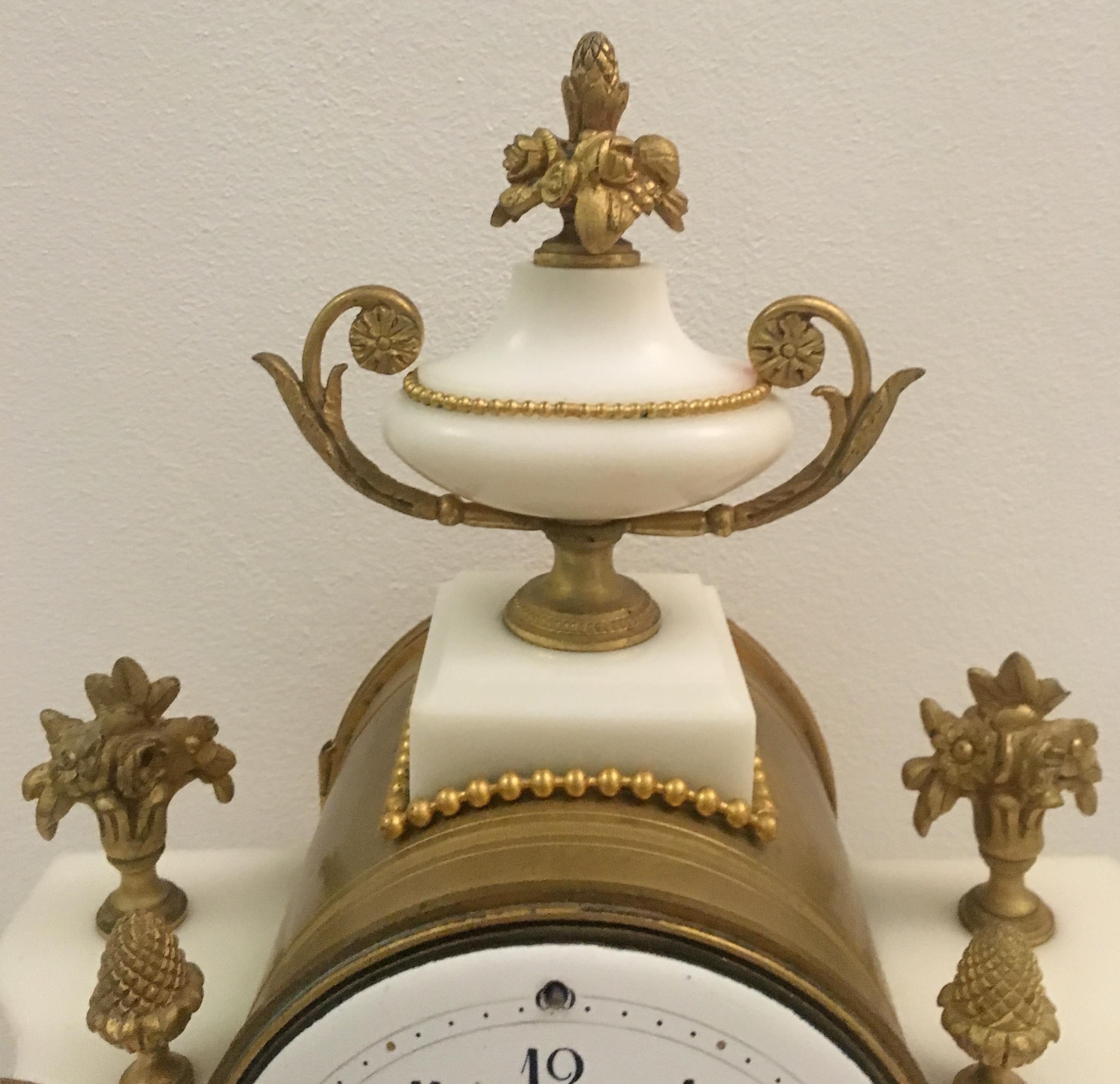 19th C. French Louis XVI White Carrara Marble Garniture Clock Set 1