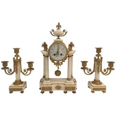 19th C. French Louis XVI White Carrara Marble Garniture Clock Set