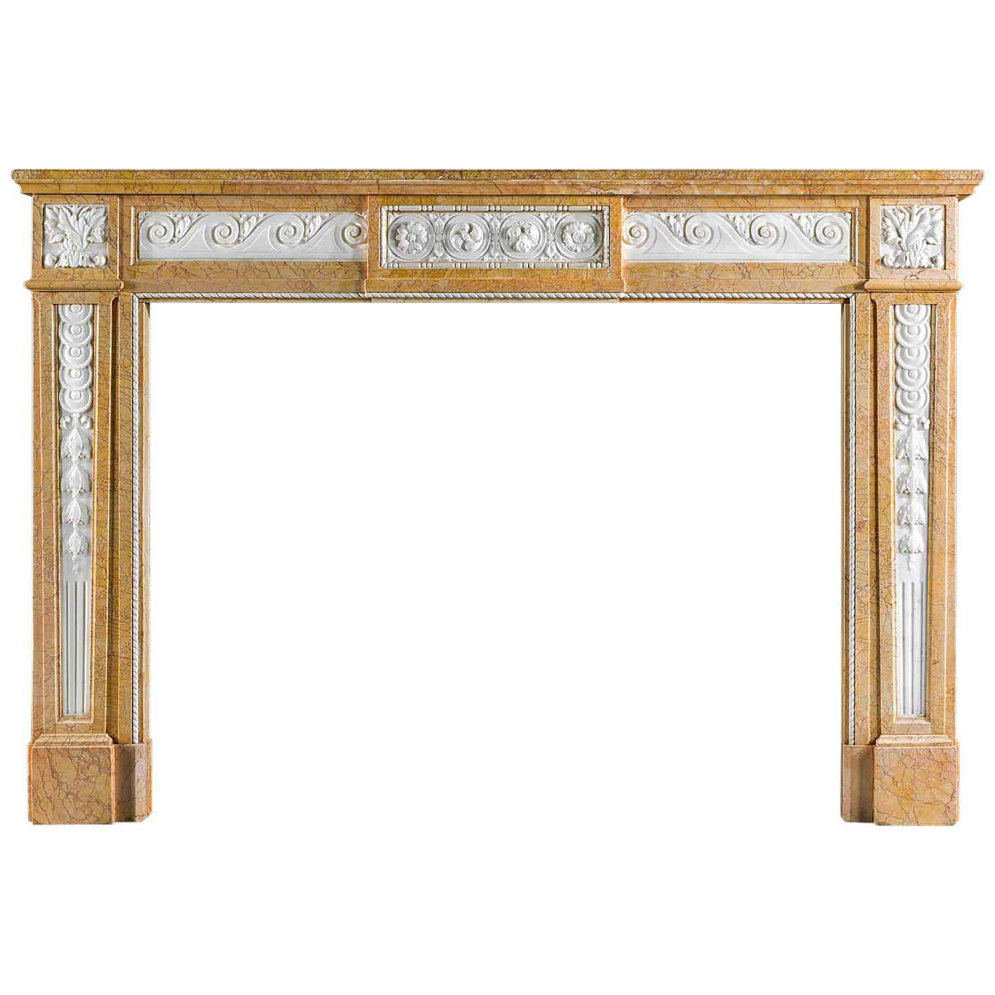 Antique Chimneypiece Carved in Statuary and Crema Valencua Marble