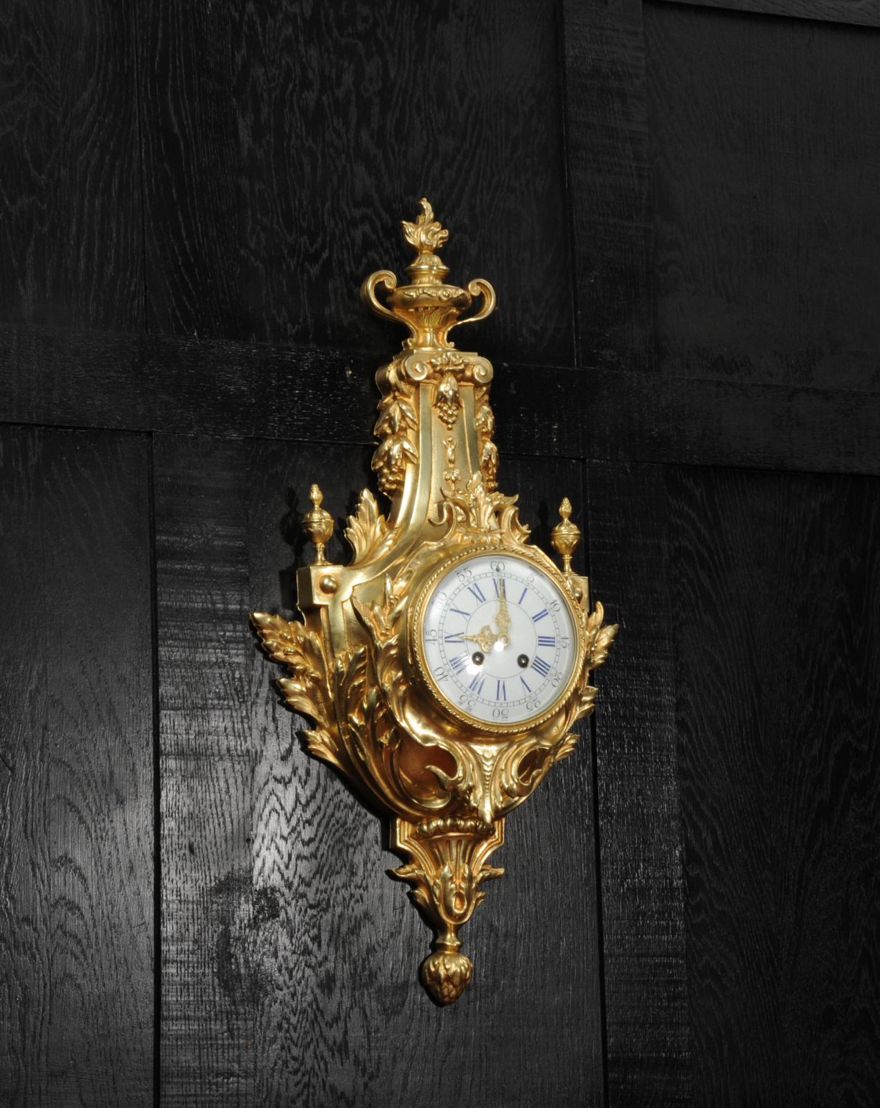 Louis XVI Antique French Gilt Bronze Cartel Wall Clock In Good Condition For Sale In Belper, Derbyshire