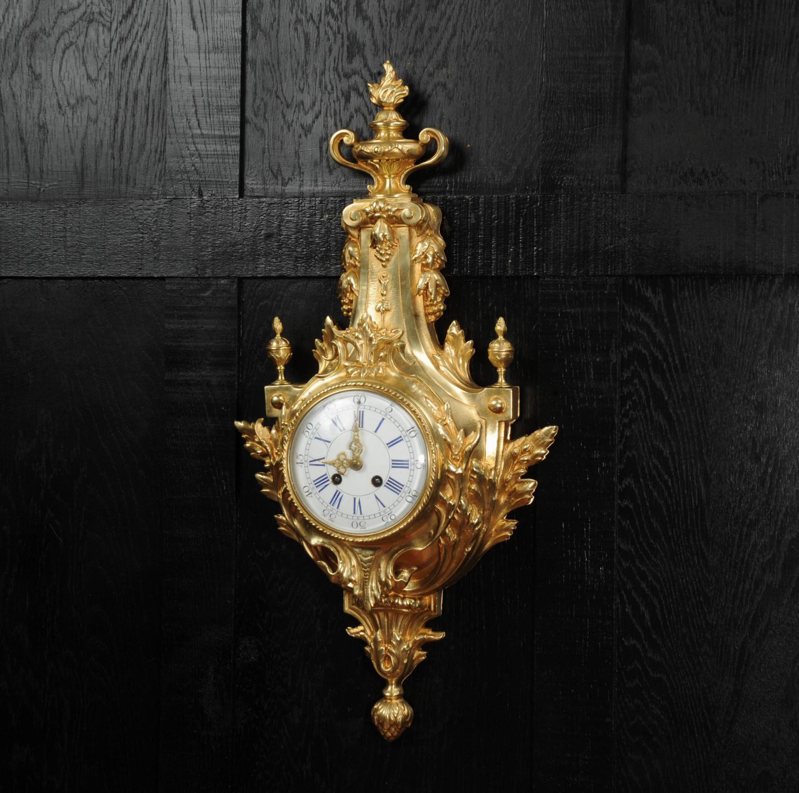 19th Century Louis XVI Antique French Gilt Bronze Cartel Wall Clock For Sale