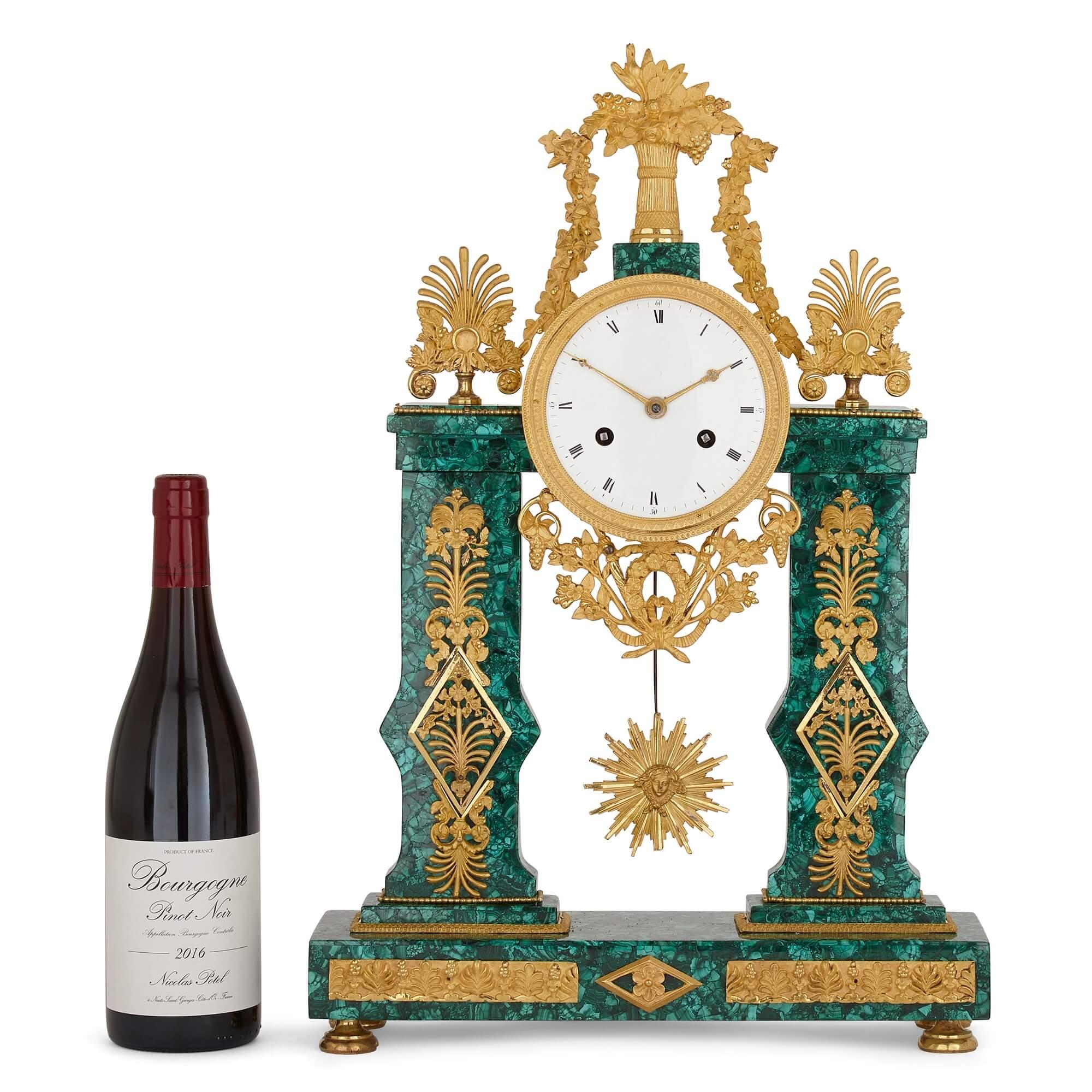 Louis XVI Architectural Gilt Bronze and Malachite Clock For Sale 2