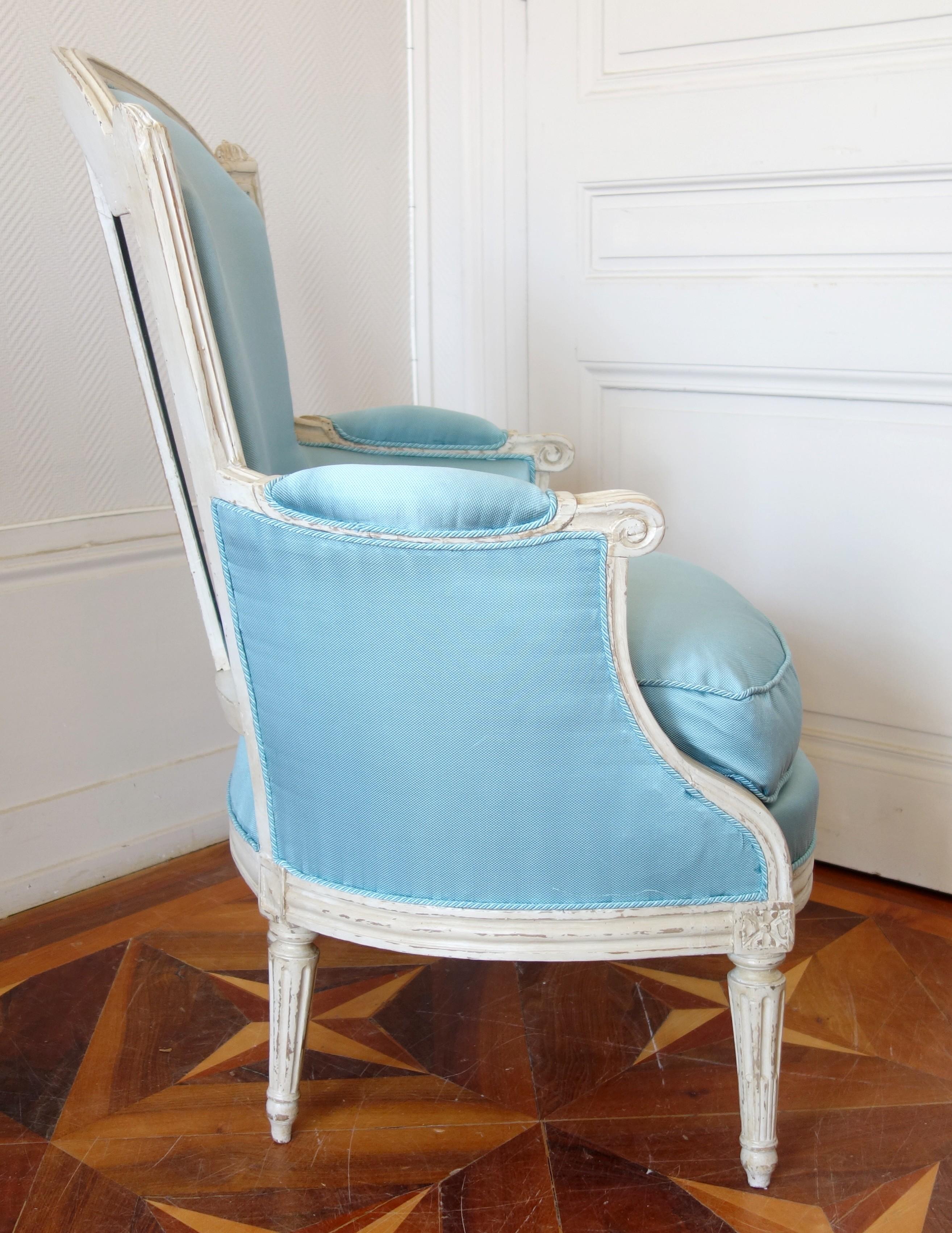 French Louis XVI armchair bergere, light bleu silk, 18th century