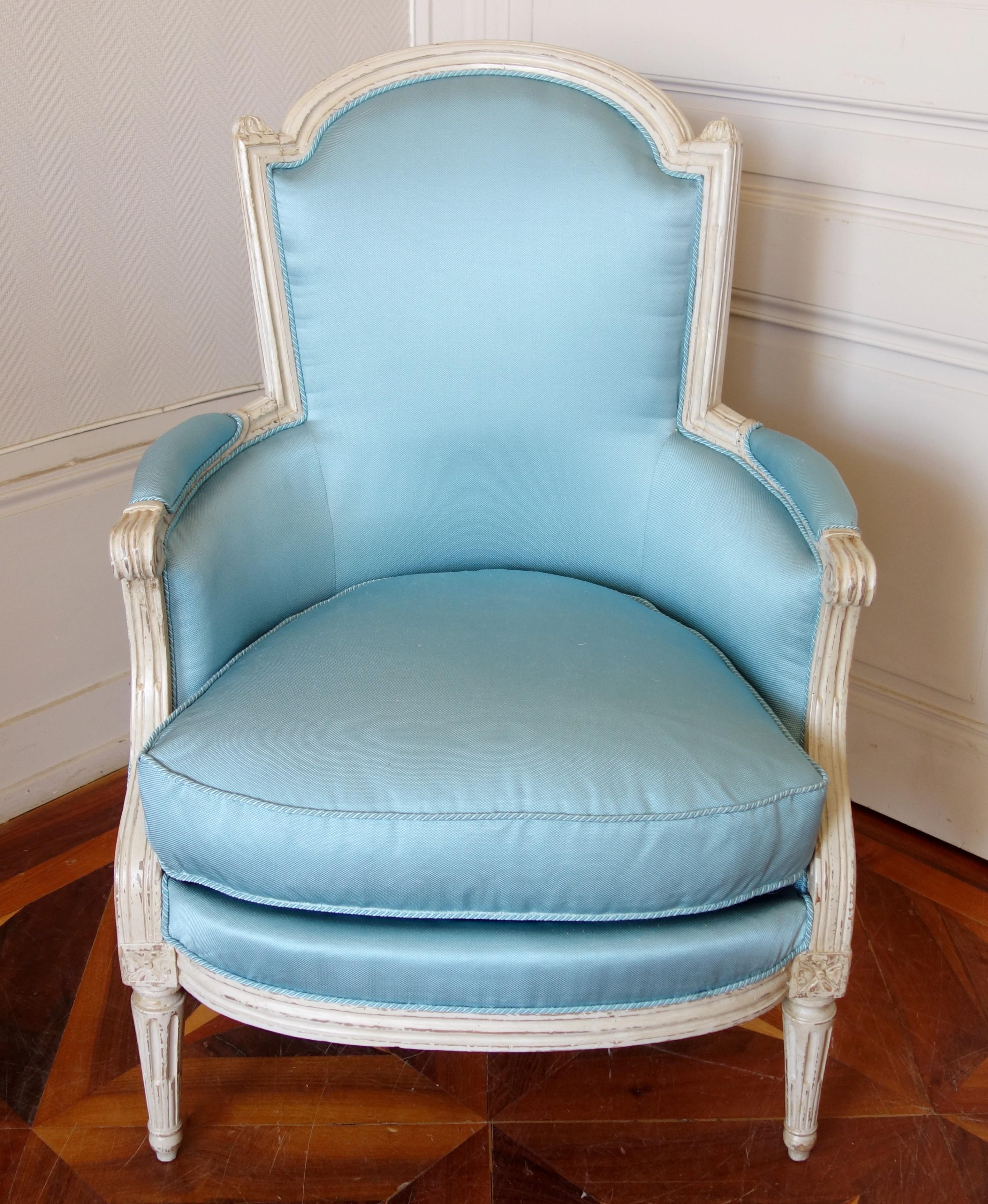 Silk Louis XVI armchair bergere, light bleu silk, 18th century