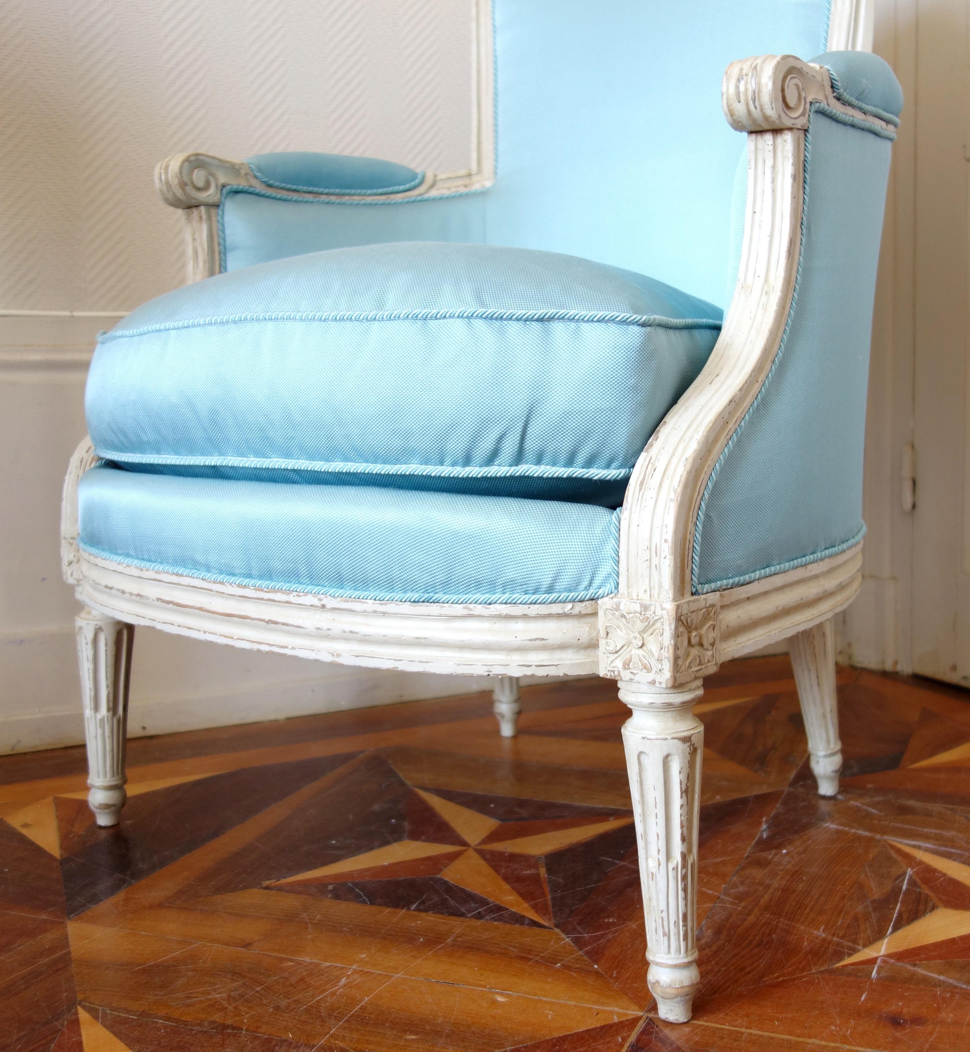 Louis XVI armchair bergere, light bleu silk, 18th century 1