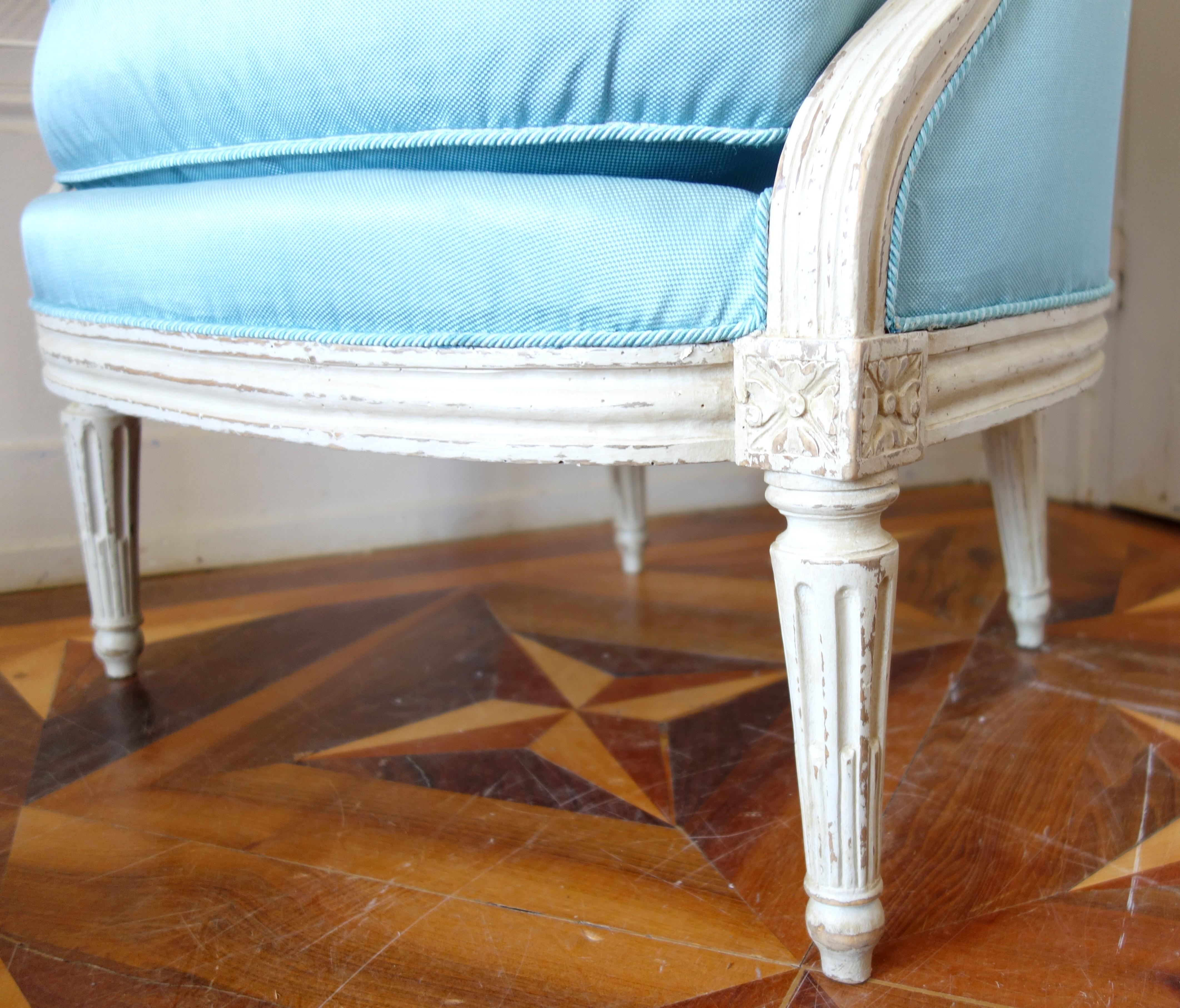 Louis XVI armchair bergere, light bleu silk, 18th century 2