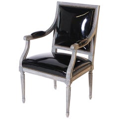 Louis XVI Armchair Upholstered in Black Patent Leather, circa 1950