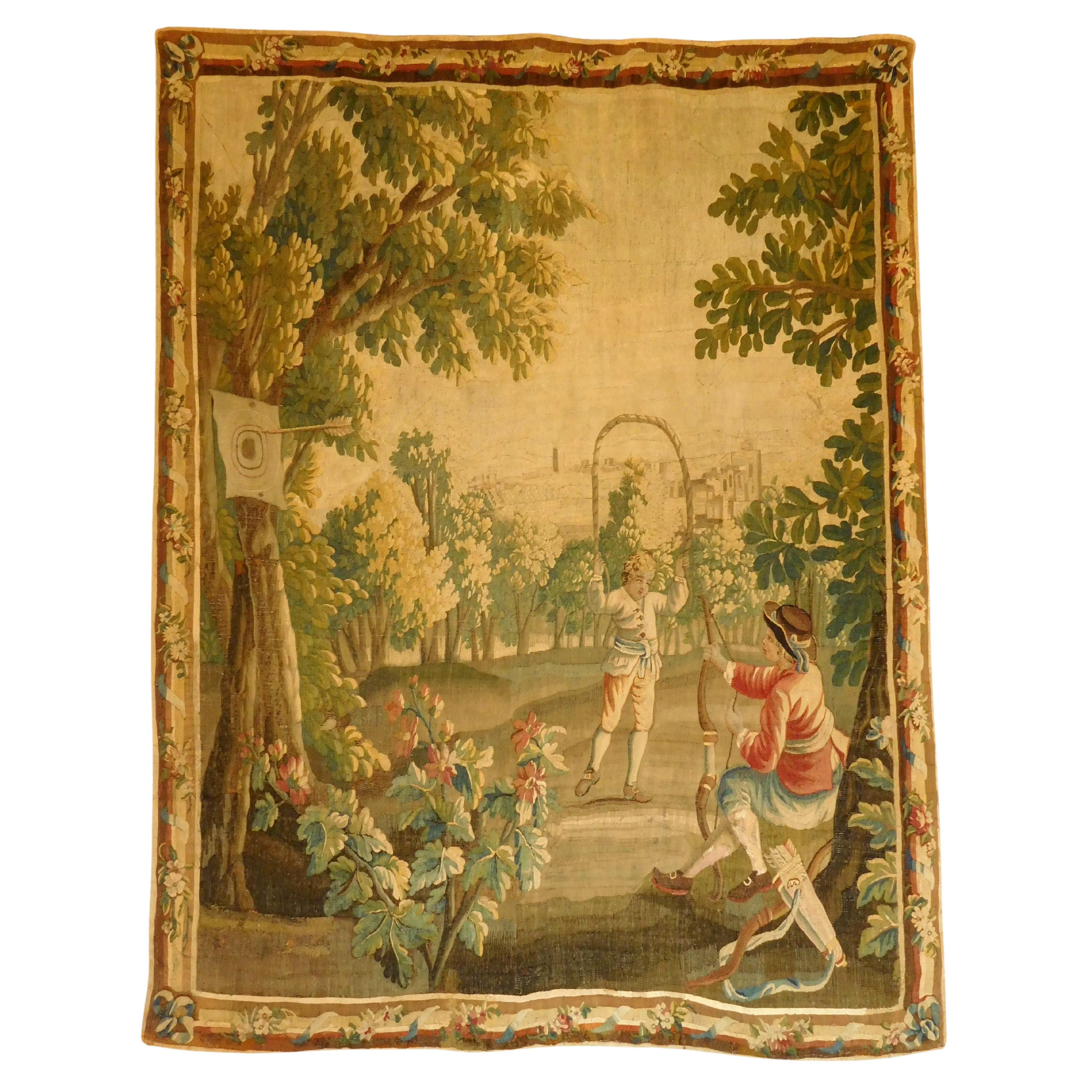 Aubusson-Wandteppich aus Wolle und Seide im Stil Louis XVI., 18. Jahrhundert: Spiel im Park im Angebot