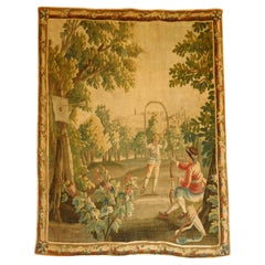 Tapisserie Louis XVI en laine et soie d'Aubusson, 18e siècle : Jeux dans le parc